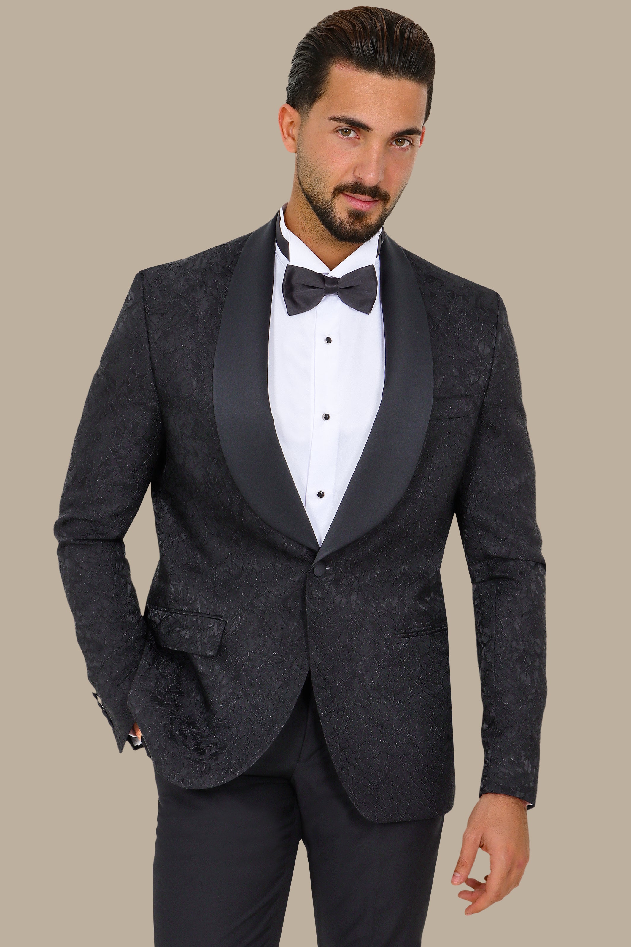 Revolt in Noir: Tuxedo Rebellion - Wide Collar Black Jacquard Leaves
