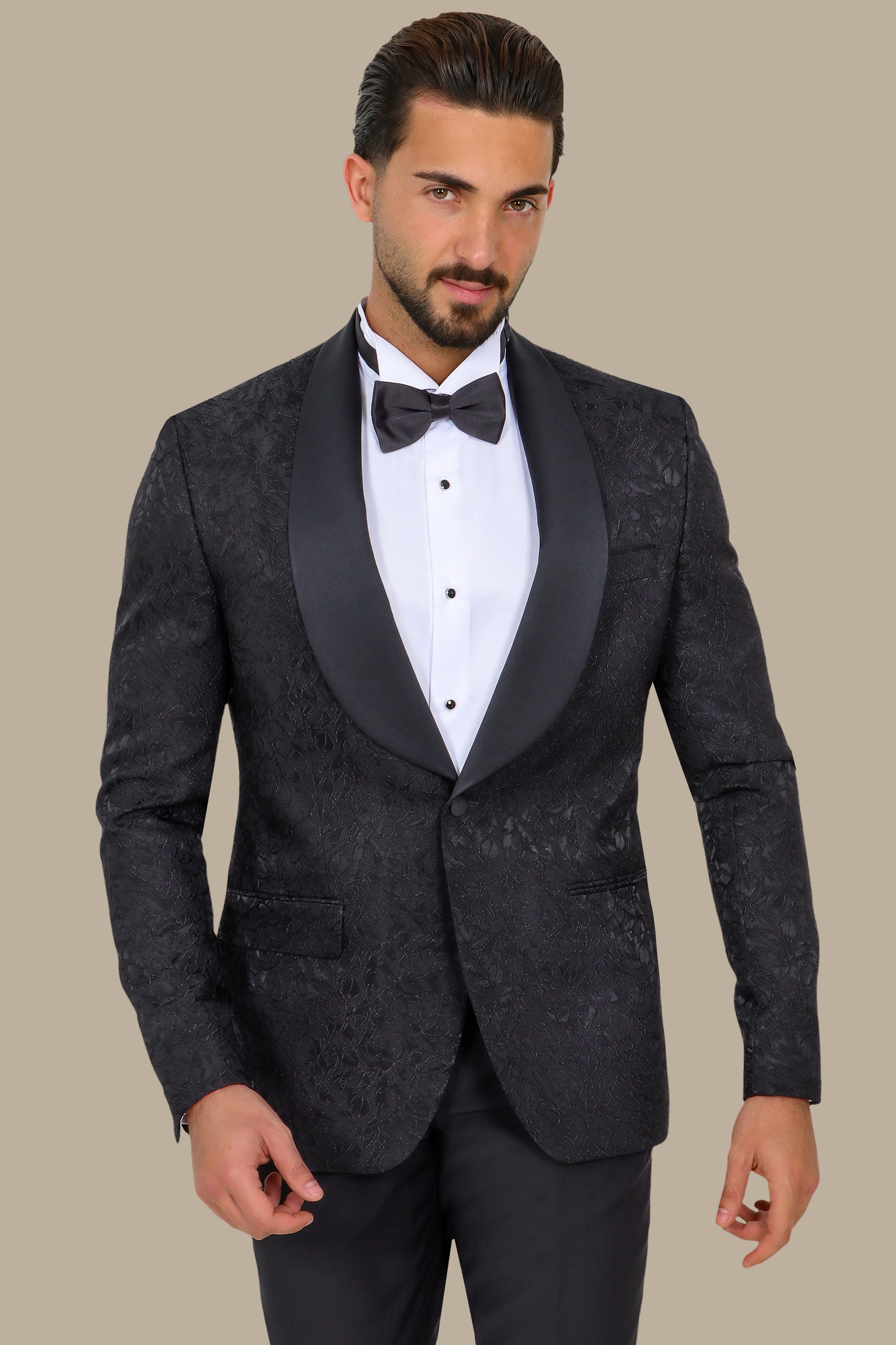 Revolt in Noir: Tuxedo Rebellion - Wide Collar Black Jacquard Leaves