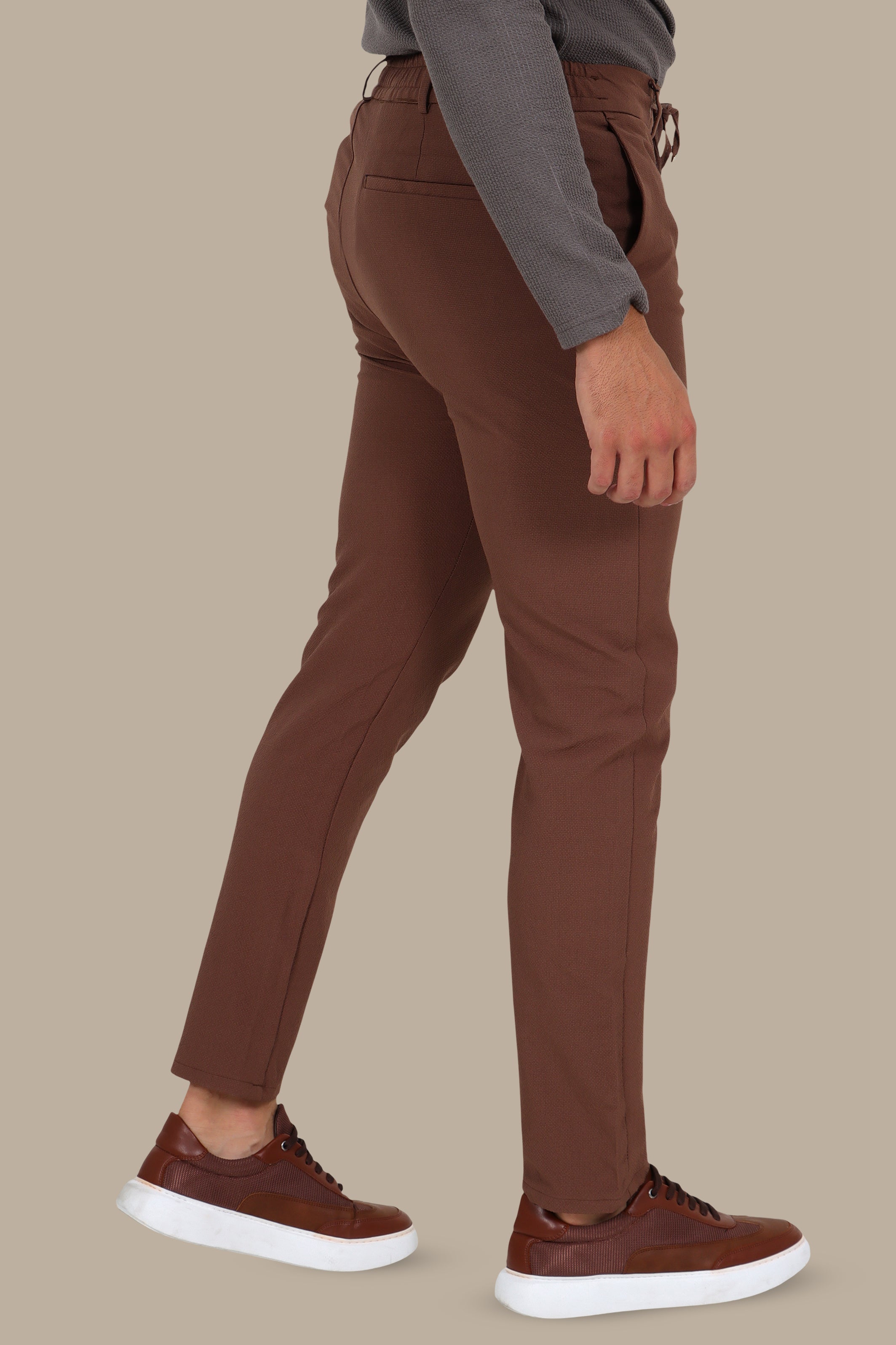 Brown Slim-Fit Trouser with Elastic Waist