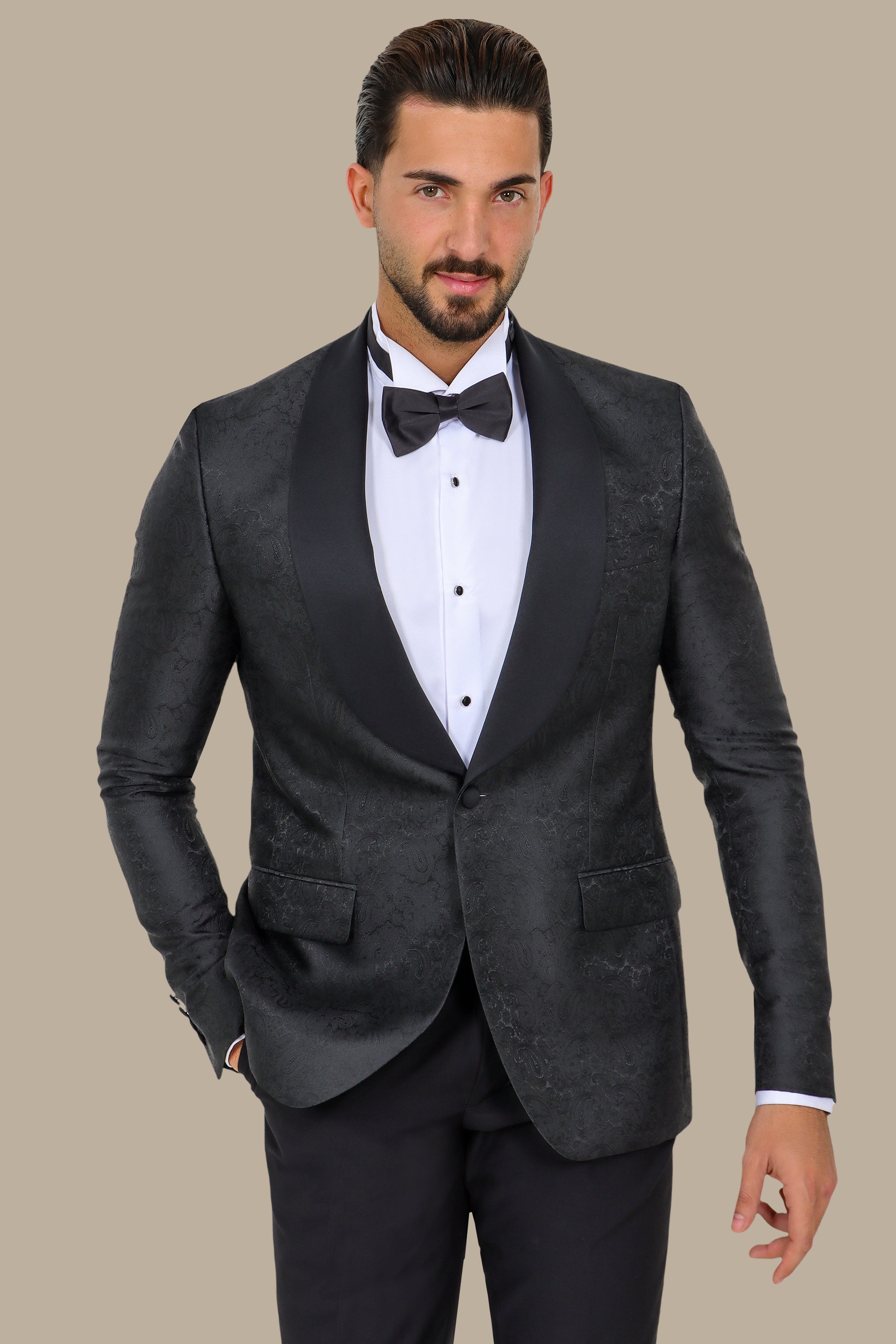 Midnight Paisley Elegance: Tuxedo FV with Wide Shawl Collar in Rich Black