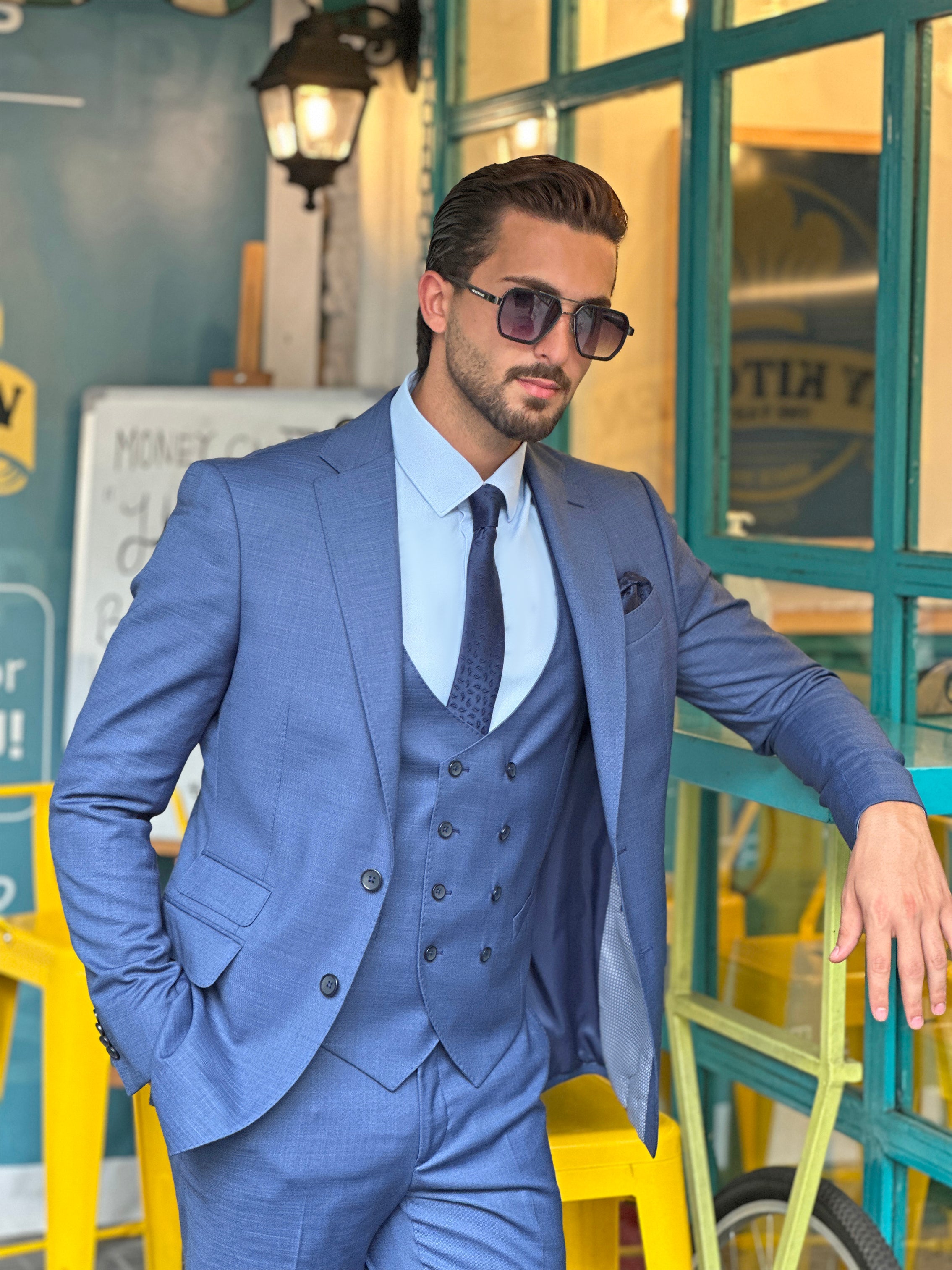 Elegant Blue Lycra Suit Set with Notch Details - 3-Piece Collection