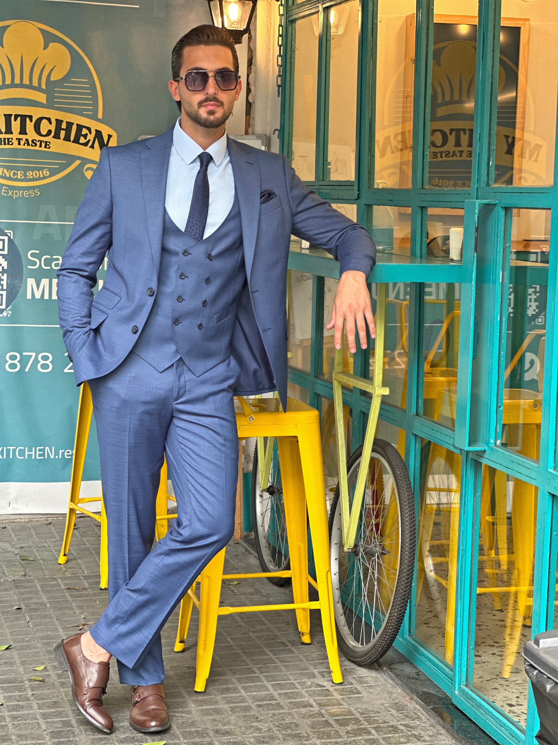 Elegant Blue Lycra Suit Set with Notch Details - 3-Piece Collection