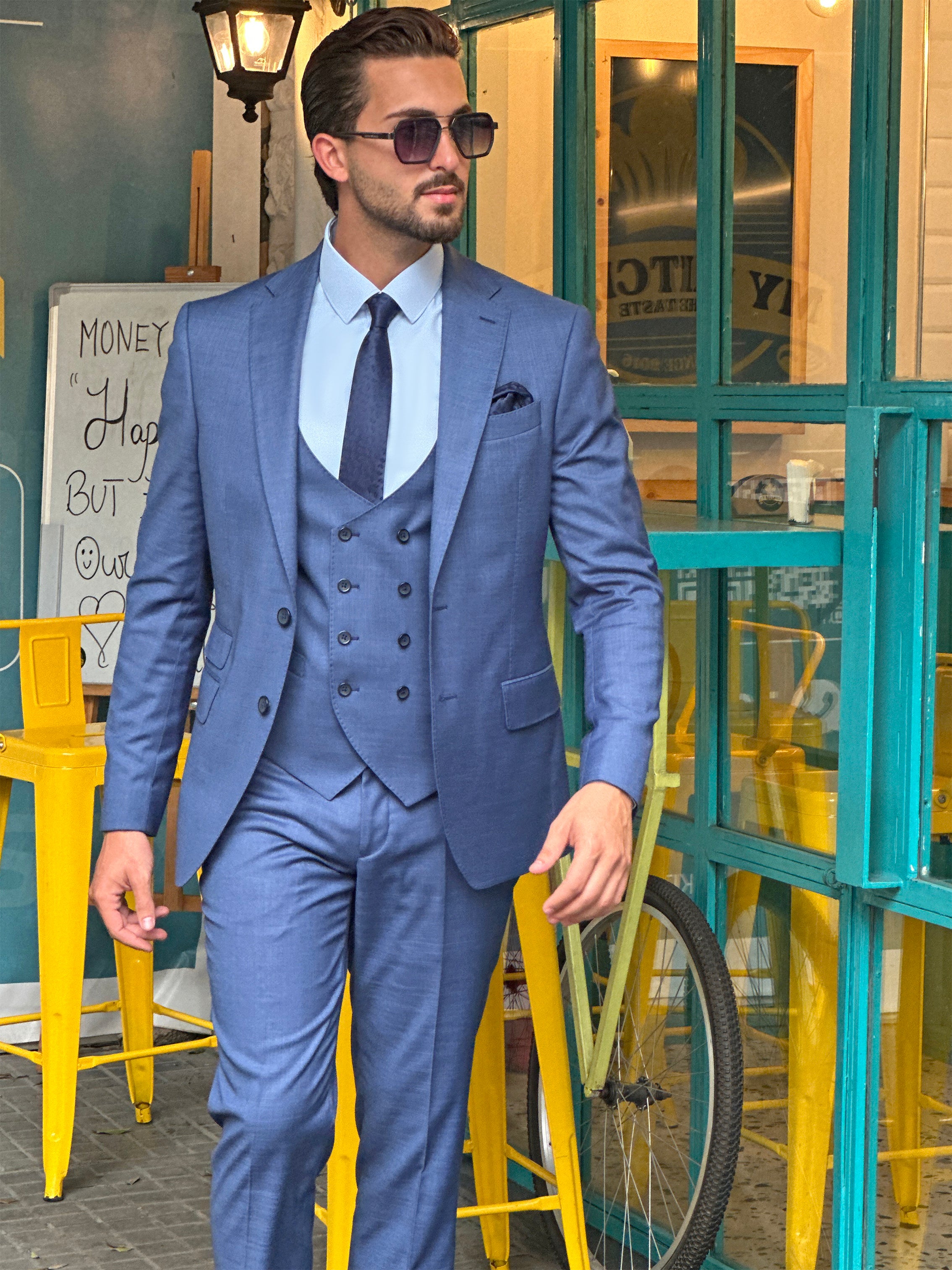Elegant Blue Lycra Suit Set with Notch Details - 3-Piece Collection
