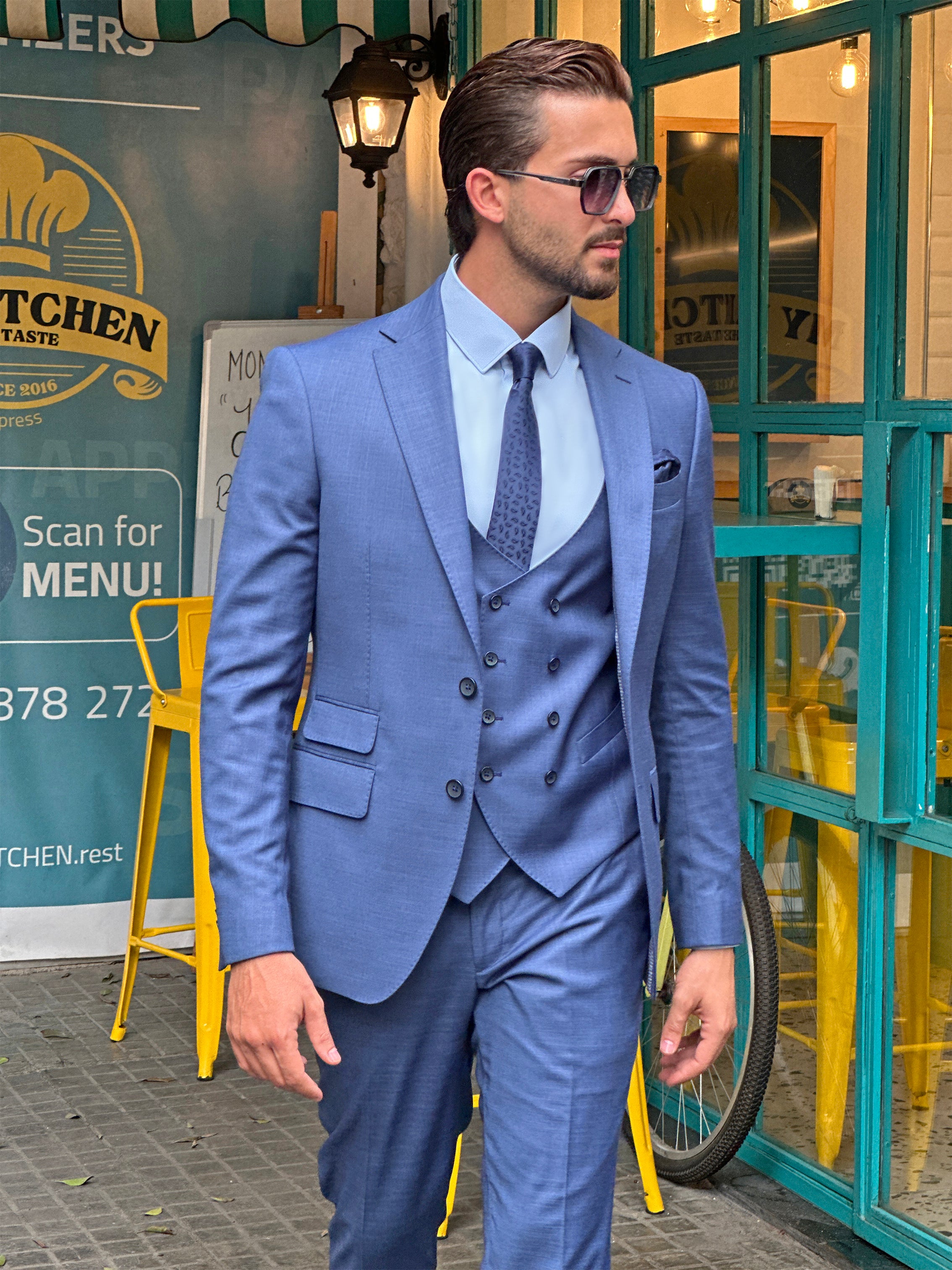 Elegant Blue Lycra Suit Set with Notch Details - 3-Piece Collection