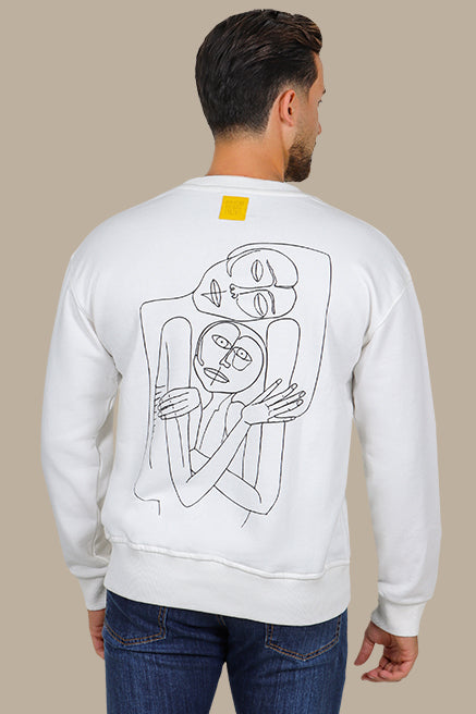 Whimsical Canvas: White Sweatshirt with Back Printed Faces