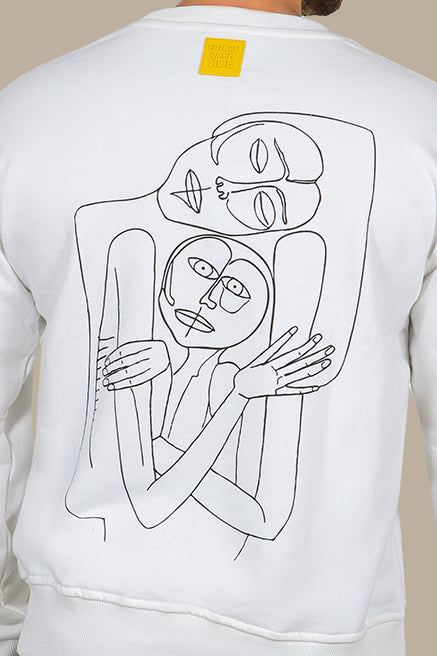 Whimsical Canvas: White Sweatshirt with Back Printed Faces