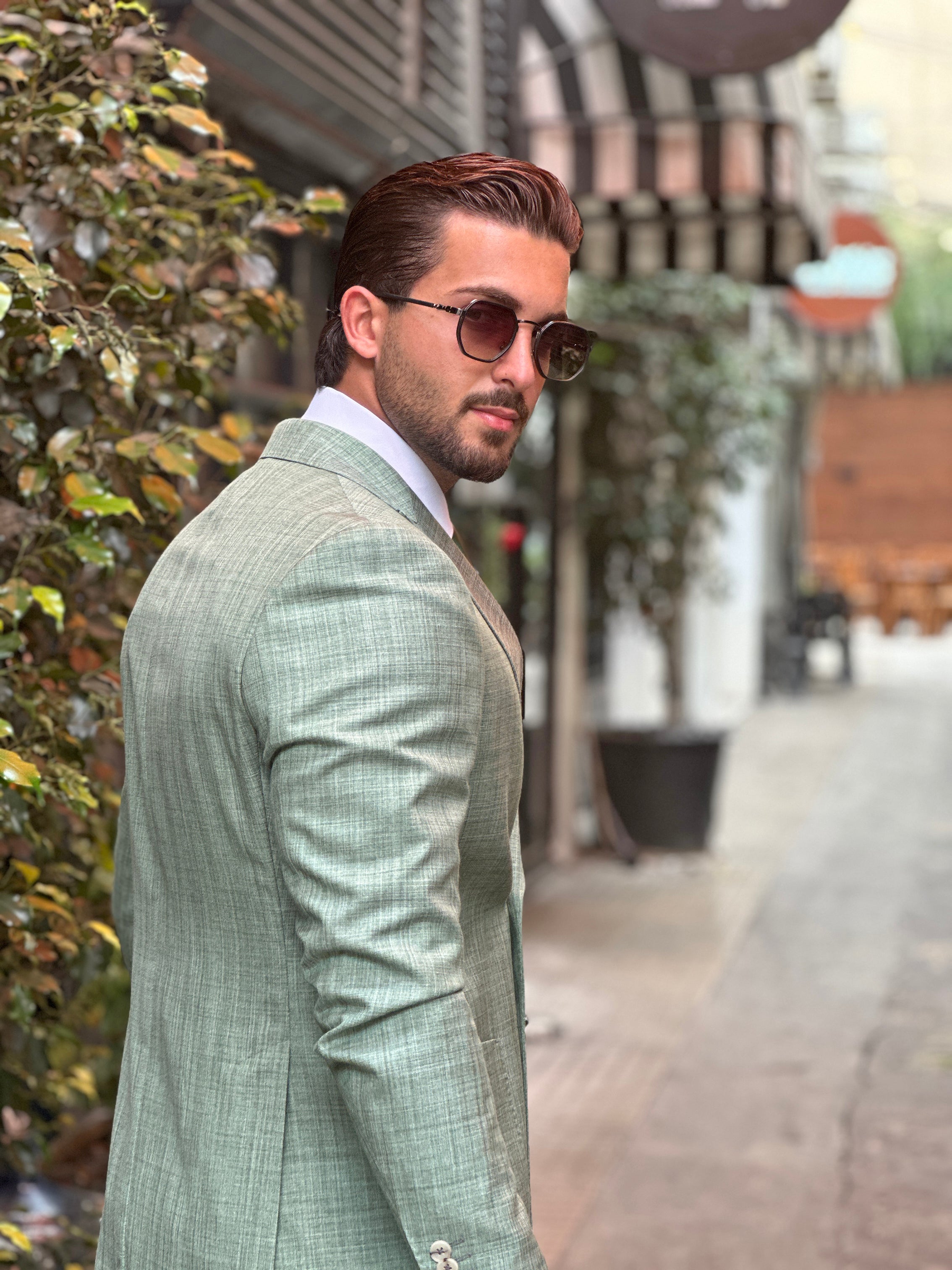 Green Filafil Classic: Double-Breasted Suit with Patch Pockets
