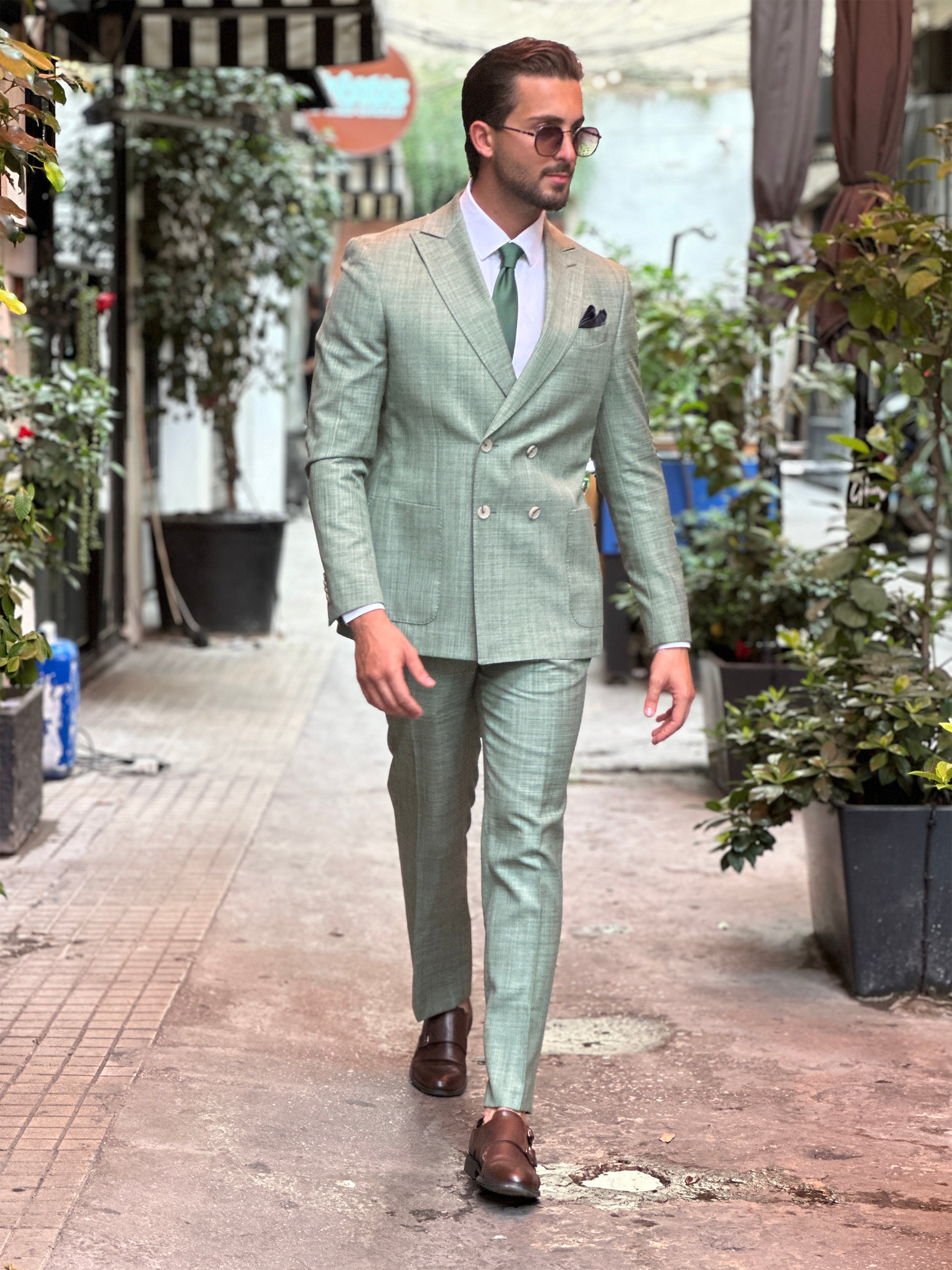 Green Filafil Classic: Double-Breasted Suit with Patch Pockets