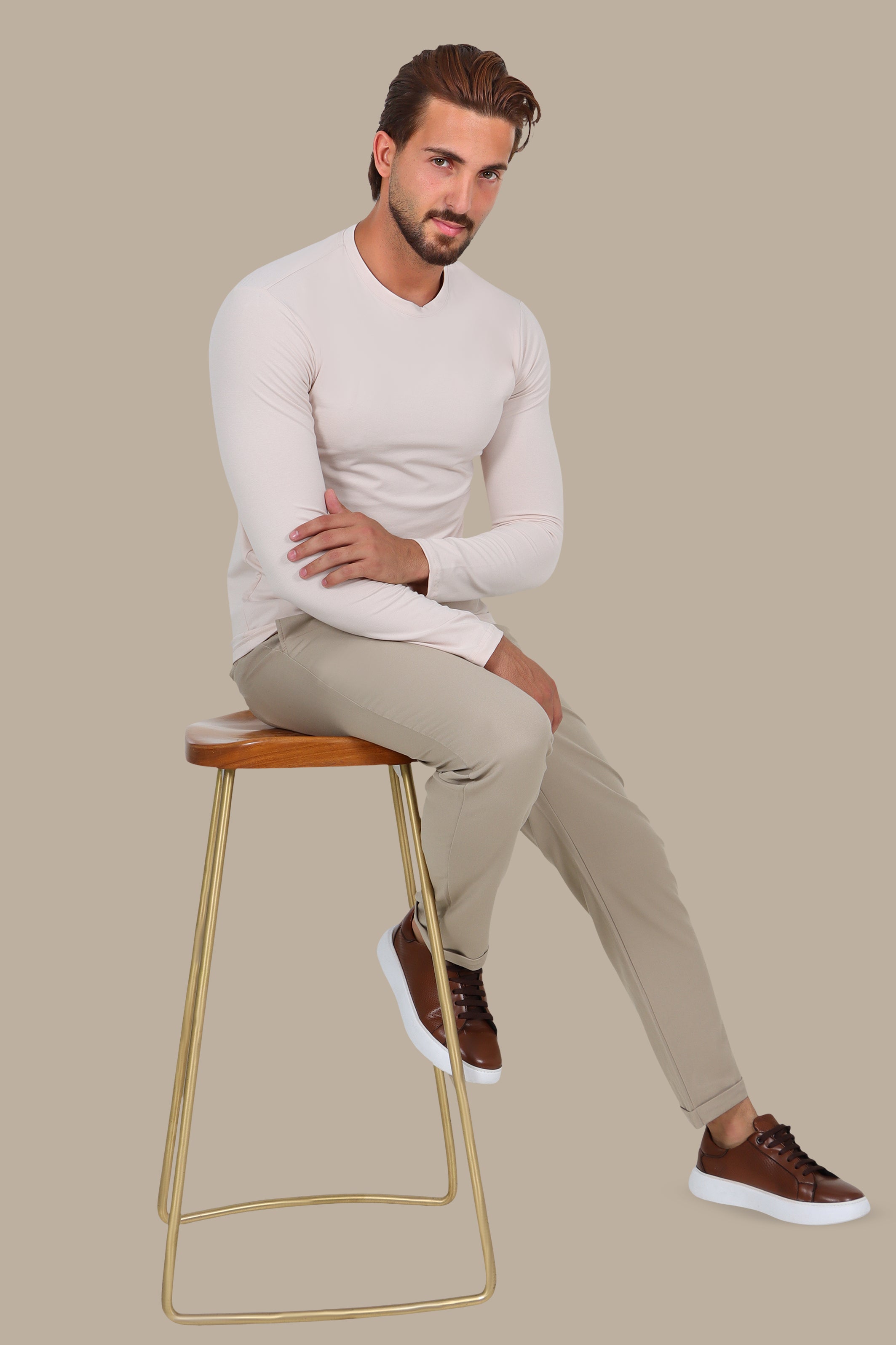 Light Beige Basic Long Sleeve Top