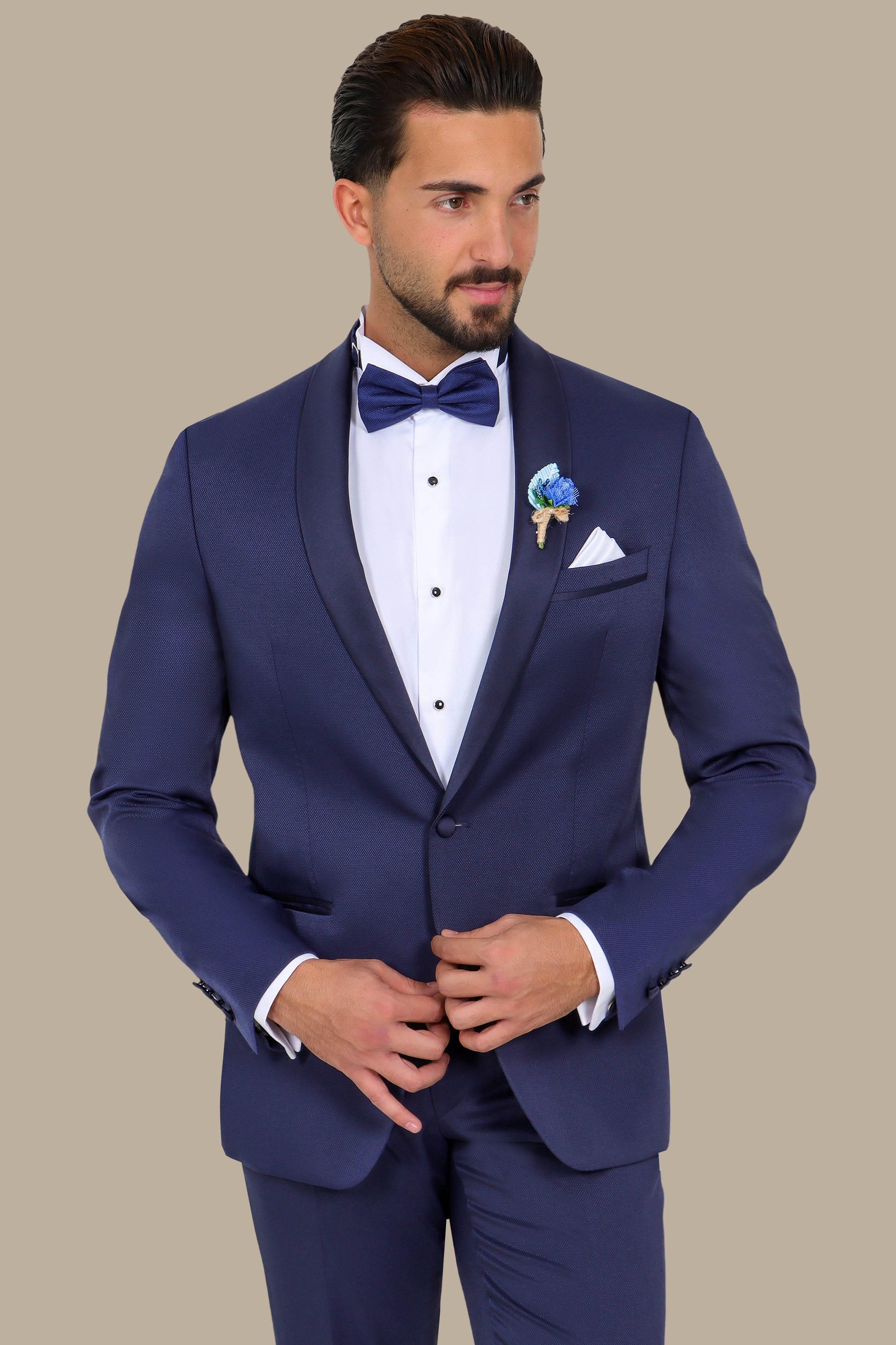 Refined Charm: The Navy Piqué Tuxedo with Shawl Collar