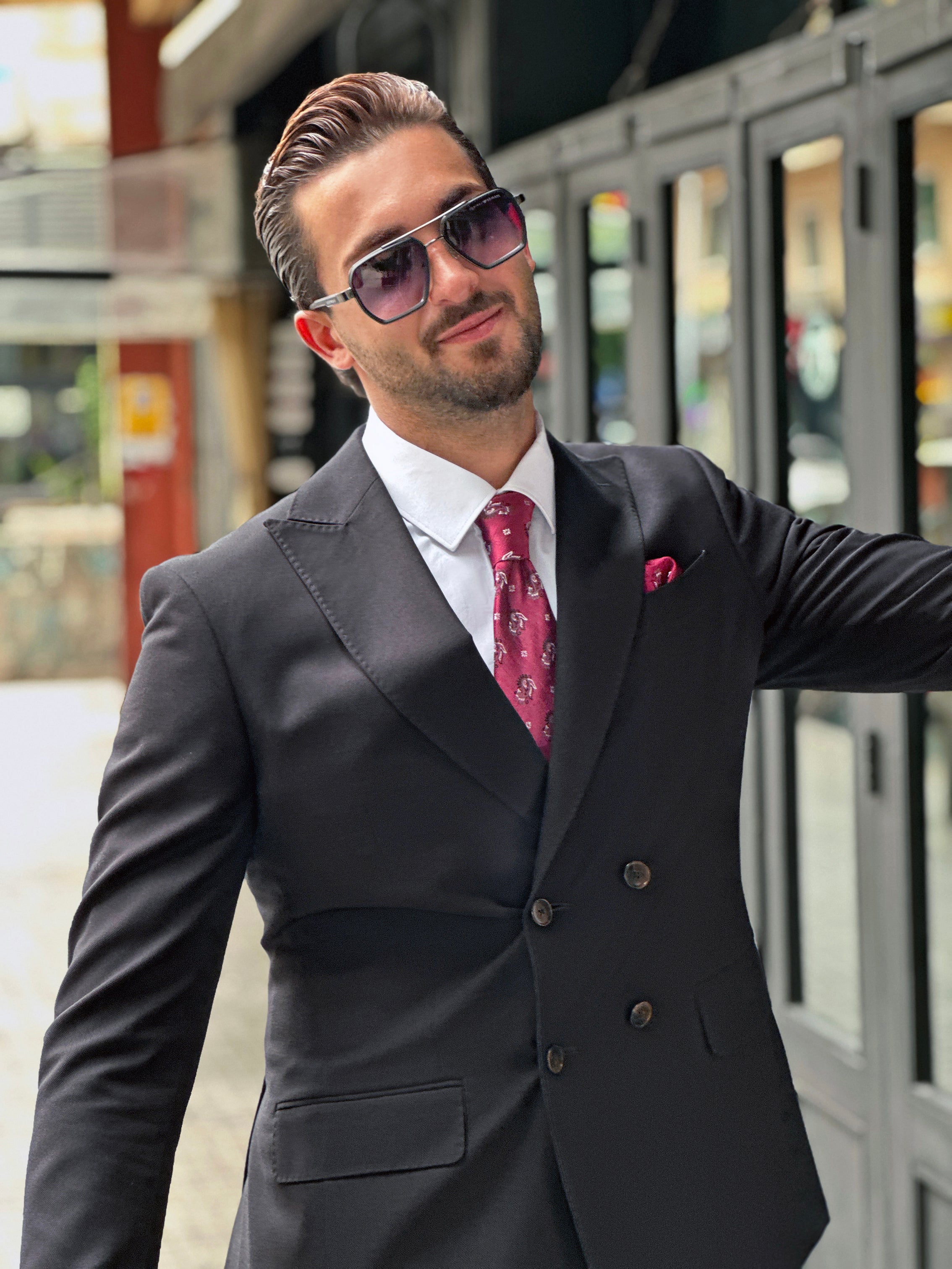 Black Piquet Double-Breasted Suit with Peak Lapel