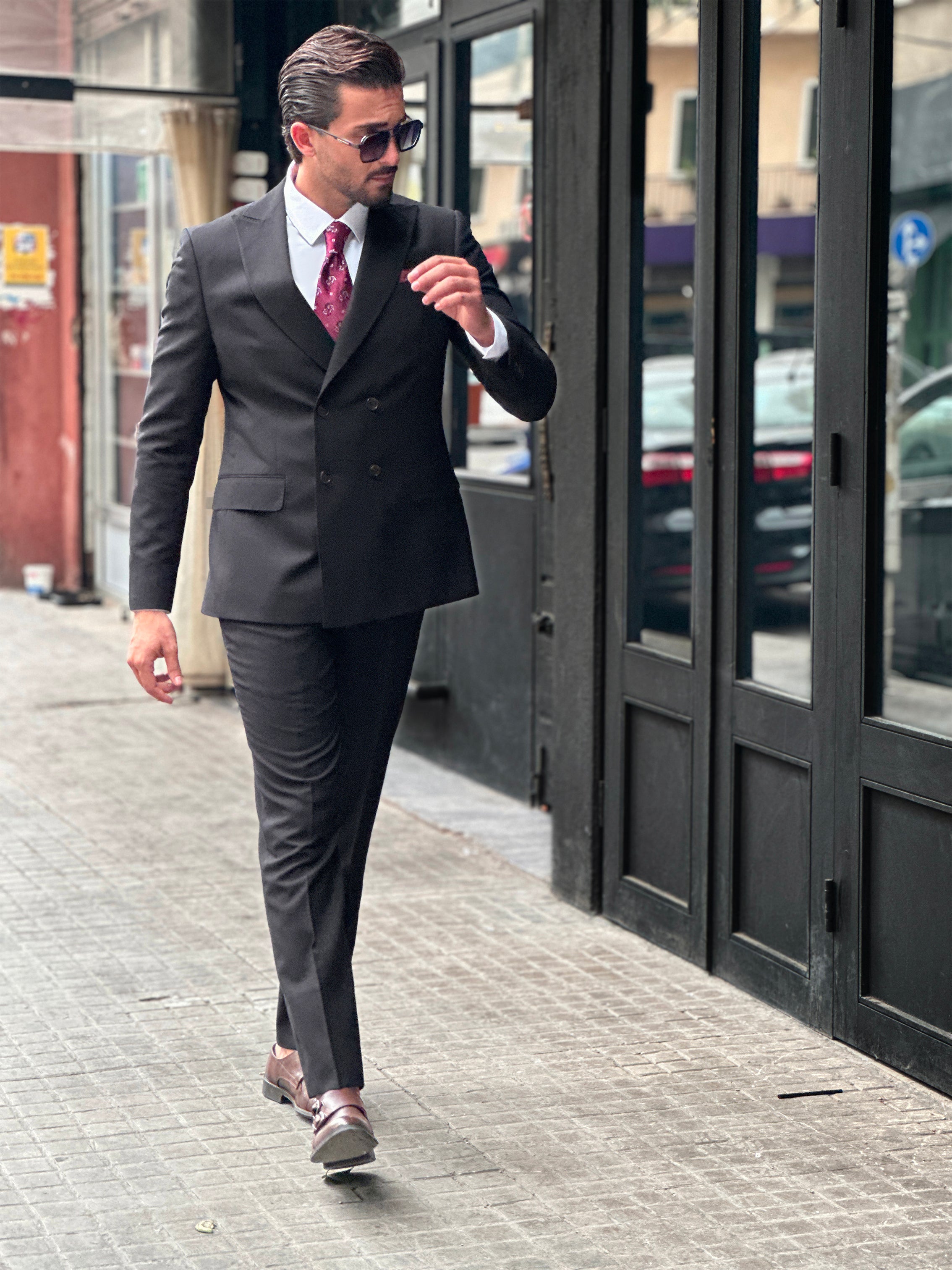 Black Piquet Double-Breasted Suit with Peak Lapel