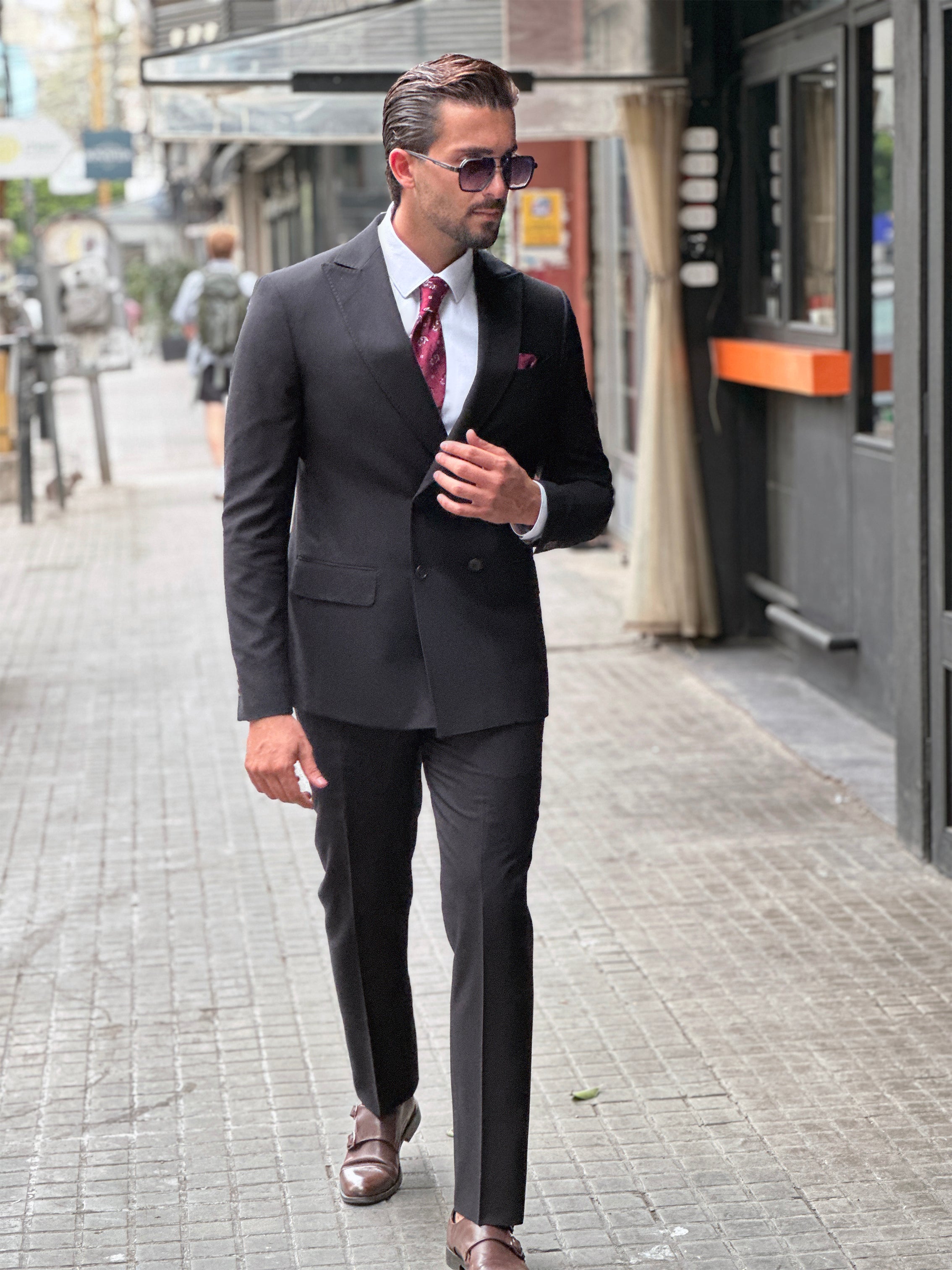 Black Piquet Double-Breasted Suit with Peak Lapel
