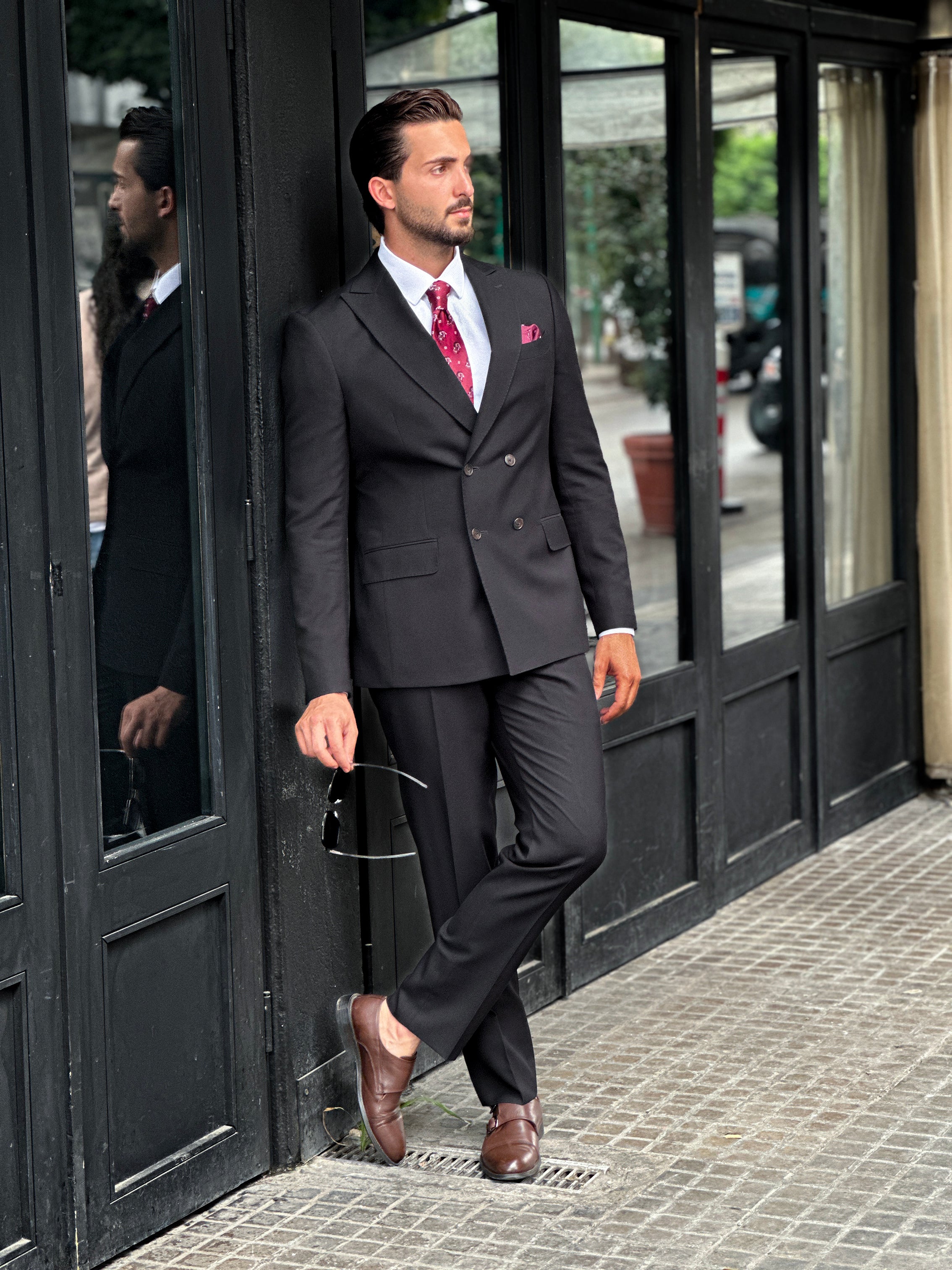 Black Piquet Double-Breasted Suit with Peak Lapel