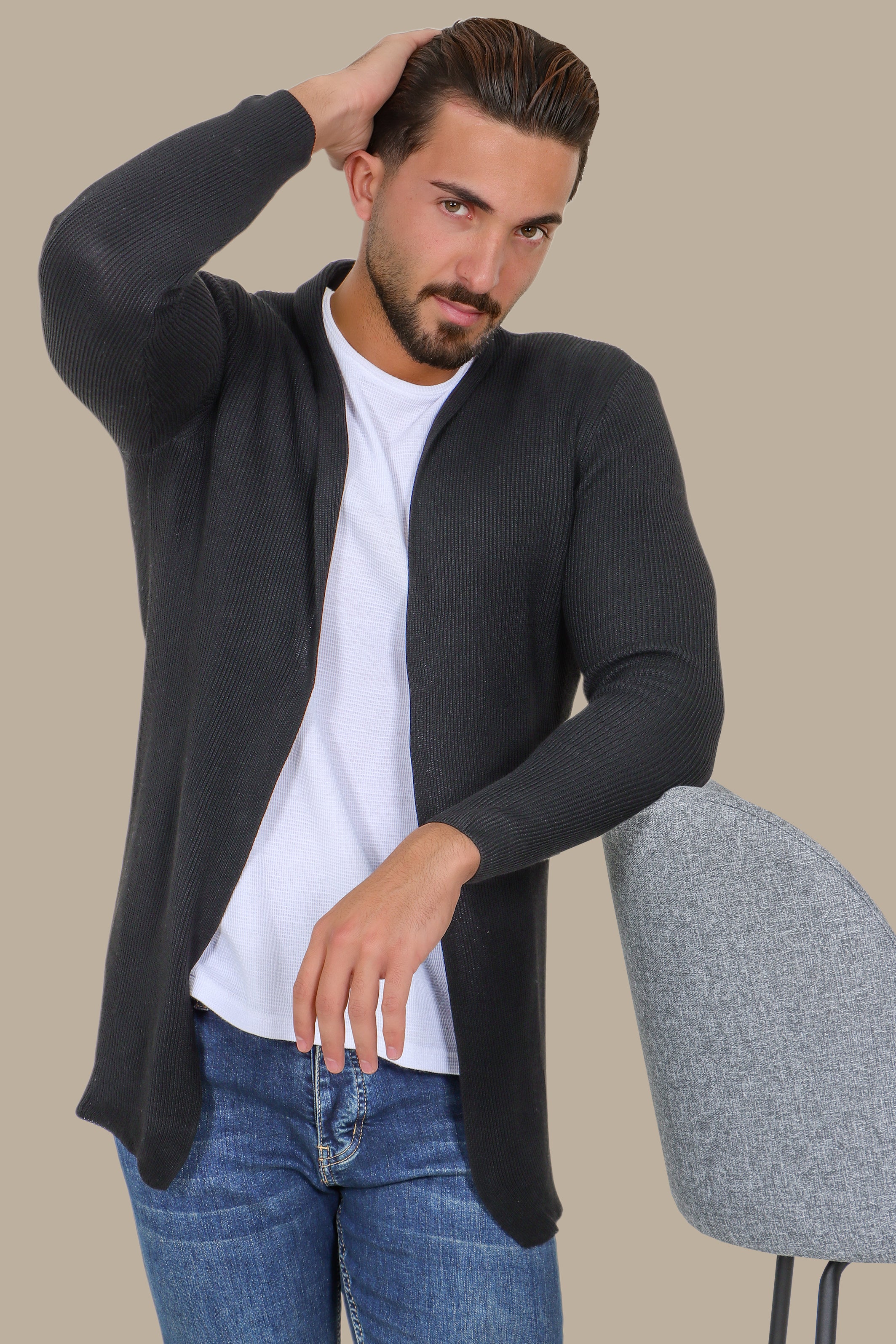 Enigmatic Obsidian Embrace: The Mysterious Black Ribbed Long Cardigan