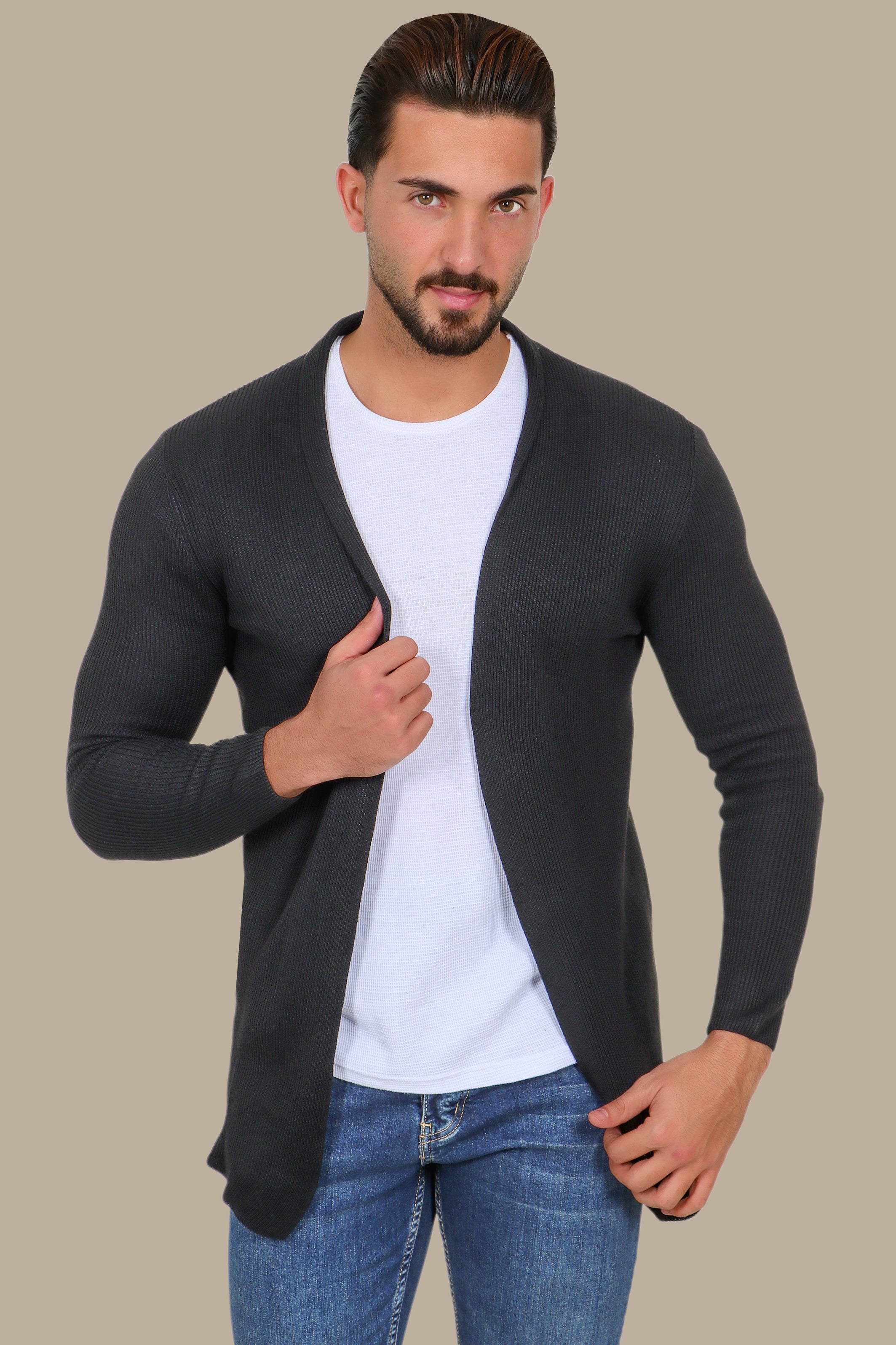 Enigmatic Obsidian Embrace: The Mysterious Black Ribbed Long Cardigan