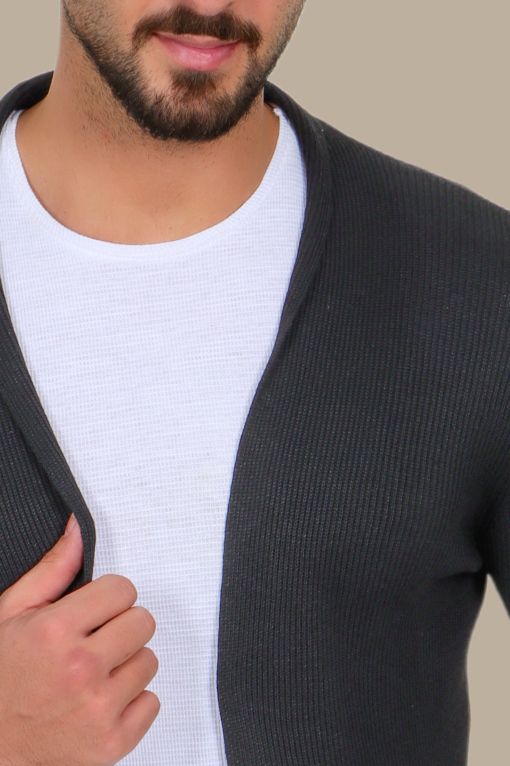 Enigmatic Obsidian Embrace: The Mysterious Black Ribbed Long Cardigan