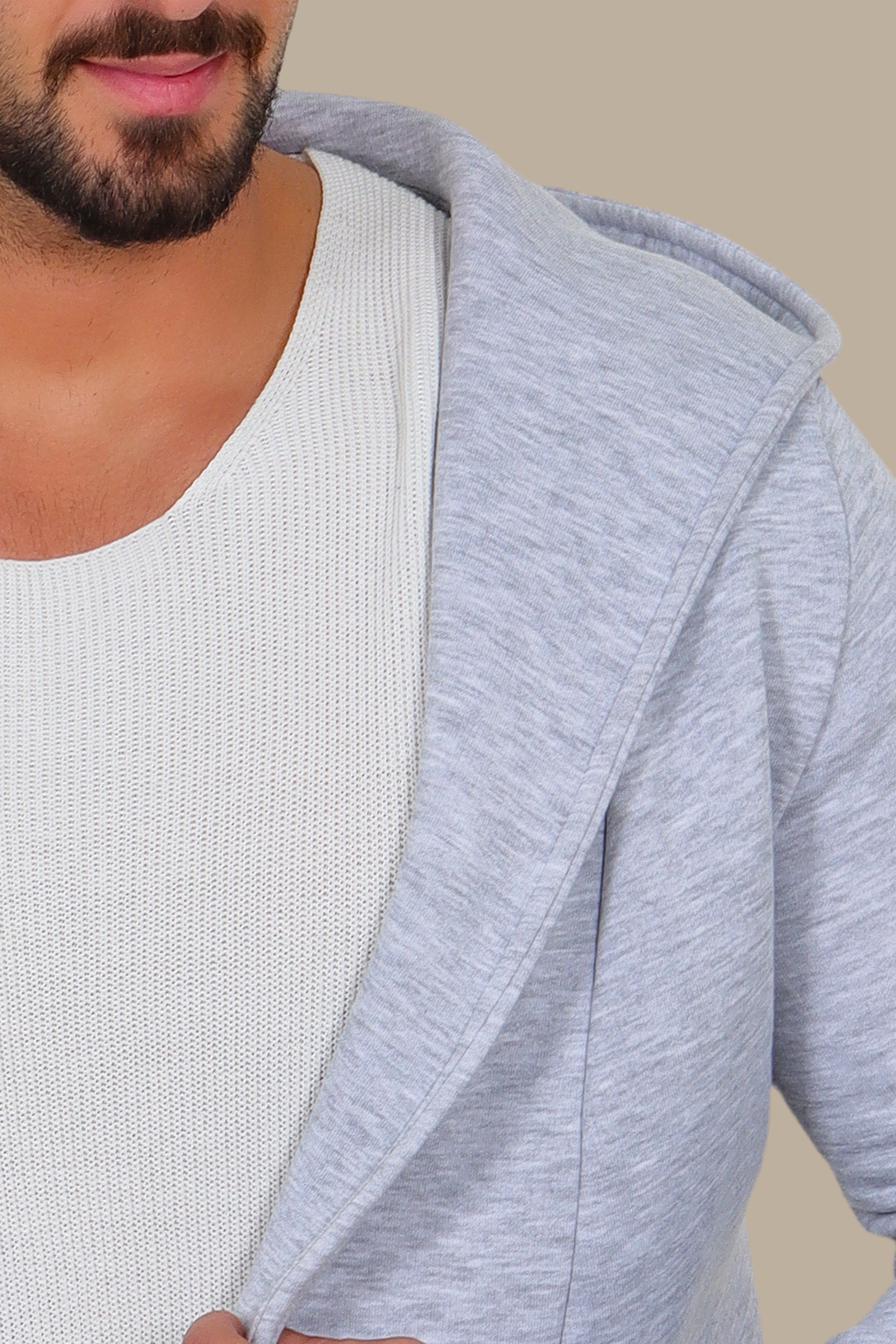 Grey Fleece Long Cardigan with Hood