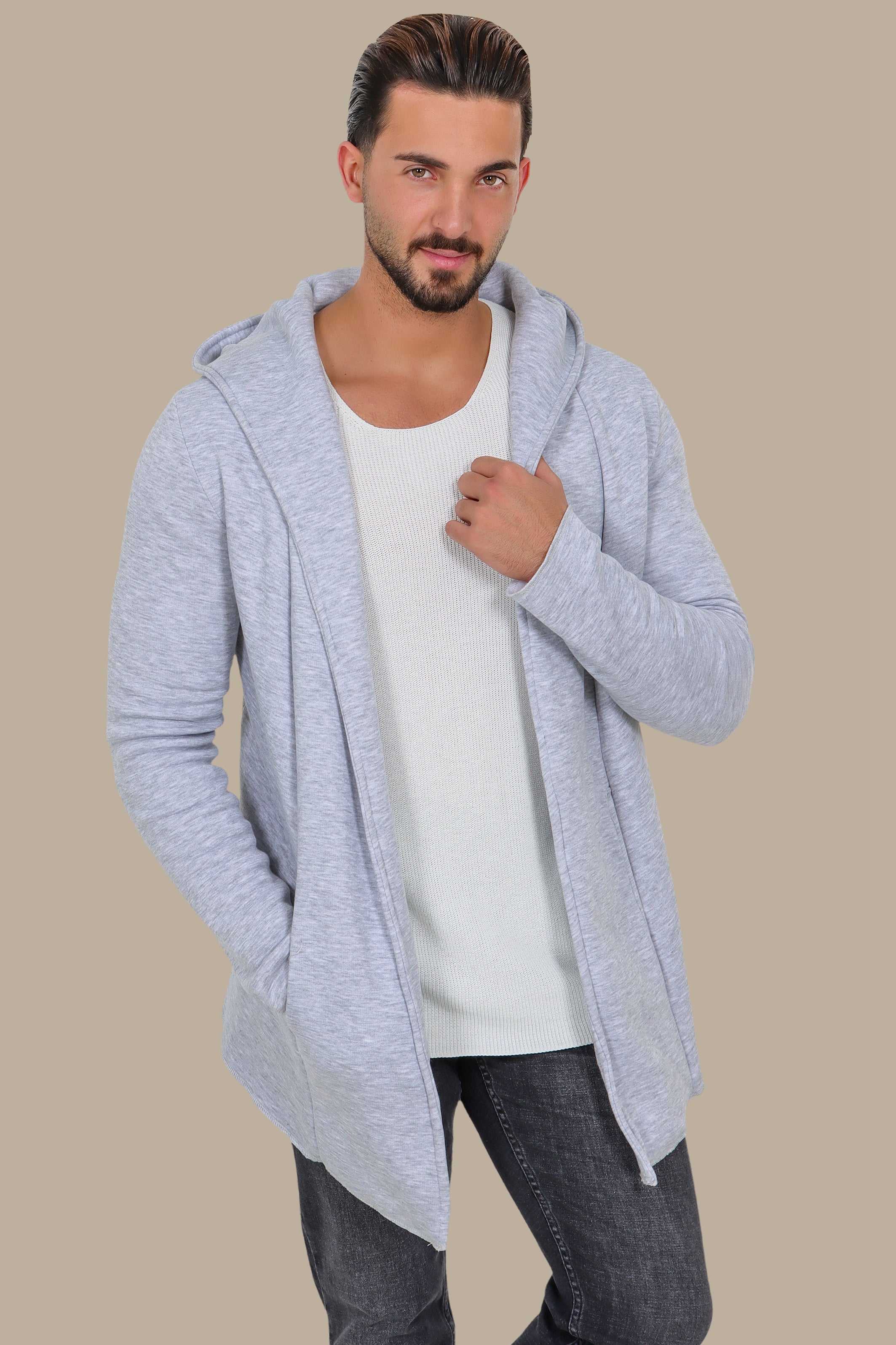 Grey Fleece Long Cardigan with Hood