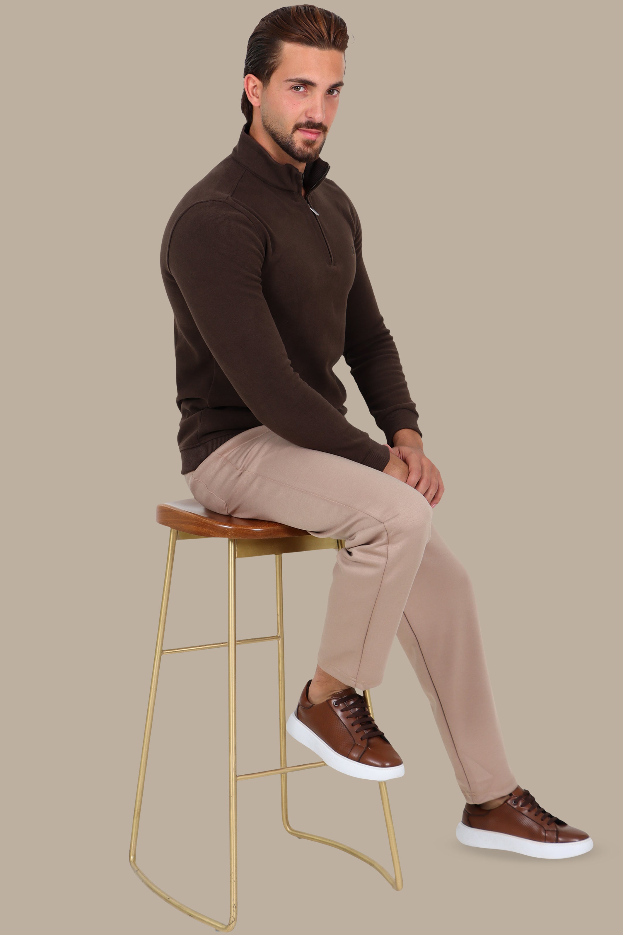 Half-Zipper Velvet Sweater in Brown