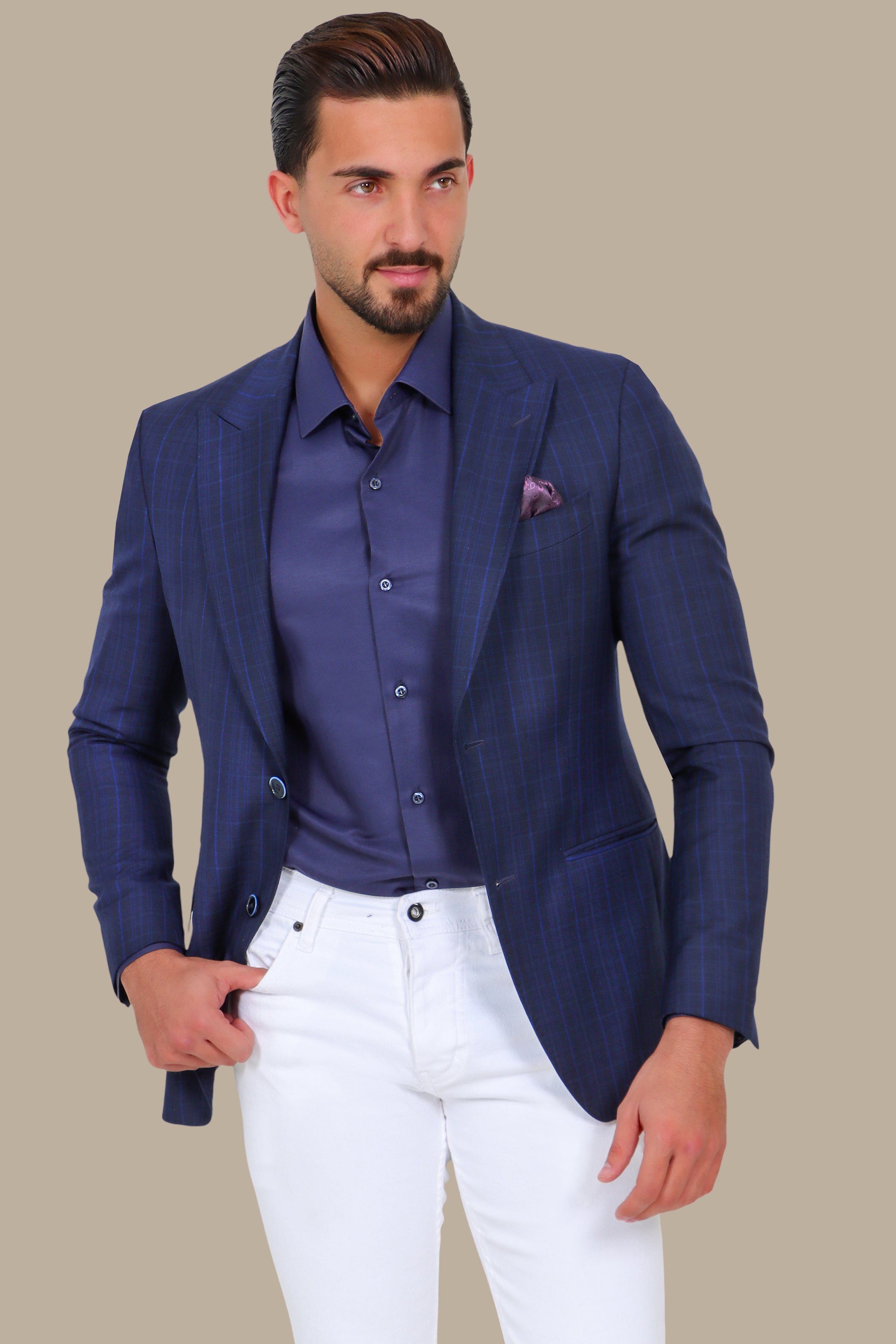 Checked Peak Blazer – Navy