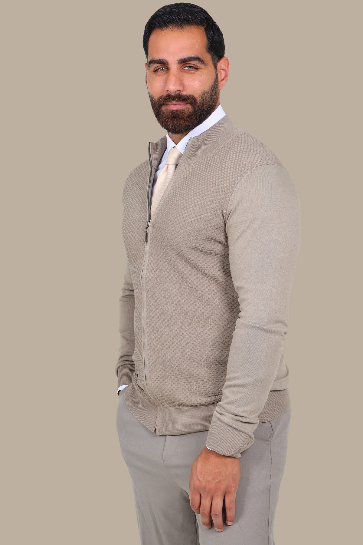 Beige Full-Zip Cardigan with Honey Print