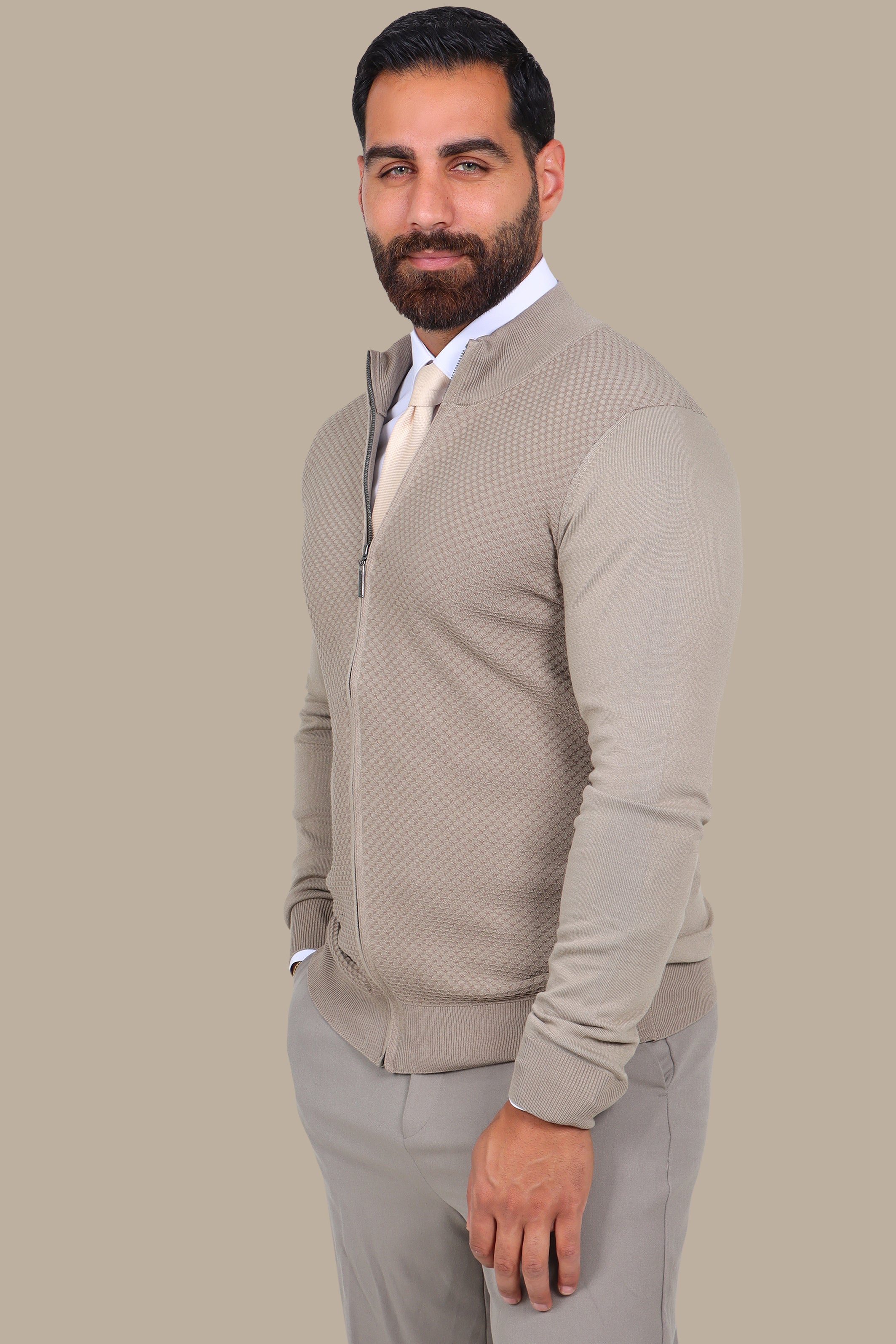 Beige Full-Zip Cardigan with Honey Print