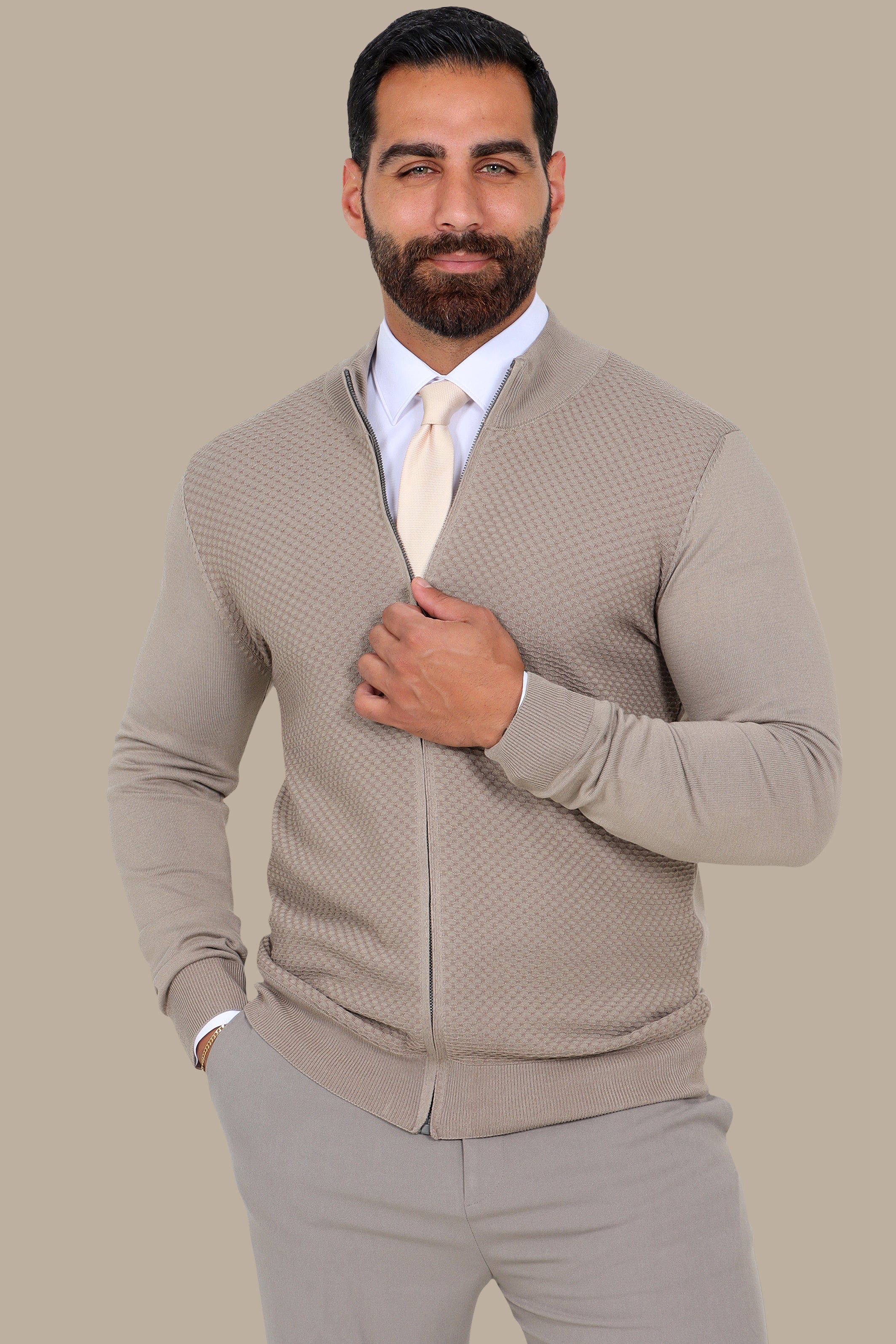 Beige Full-Zip Cardigan with Honey Print