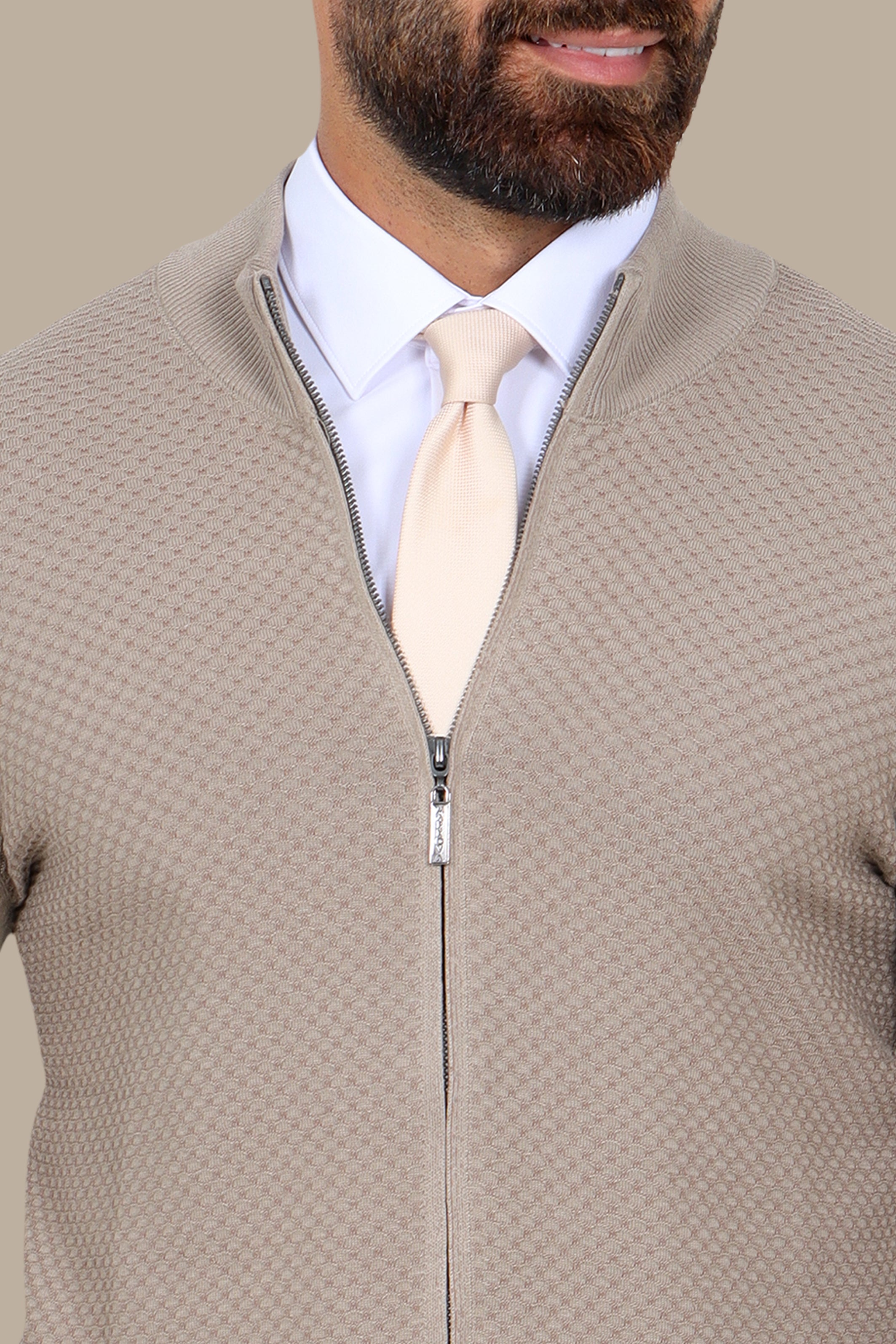 Beige Full-Zip Cardigan with Honey Print