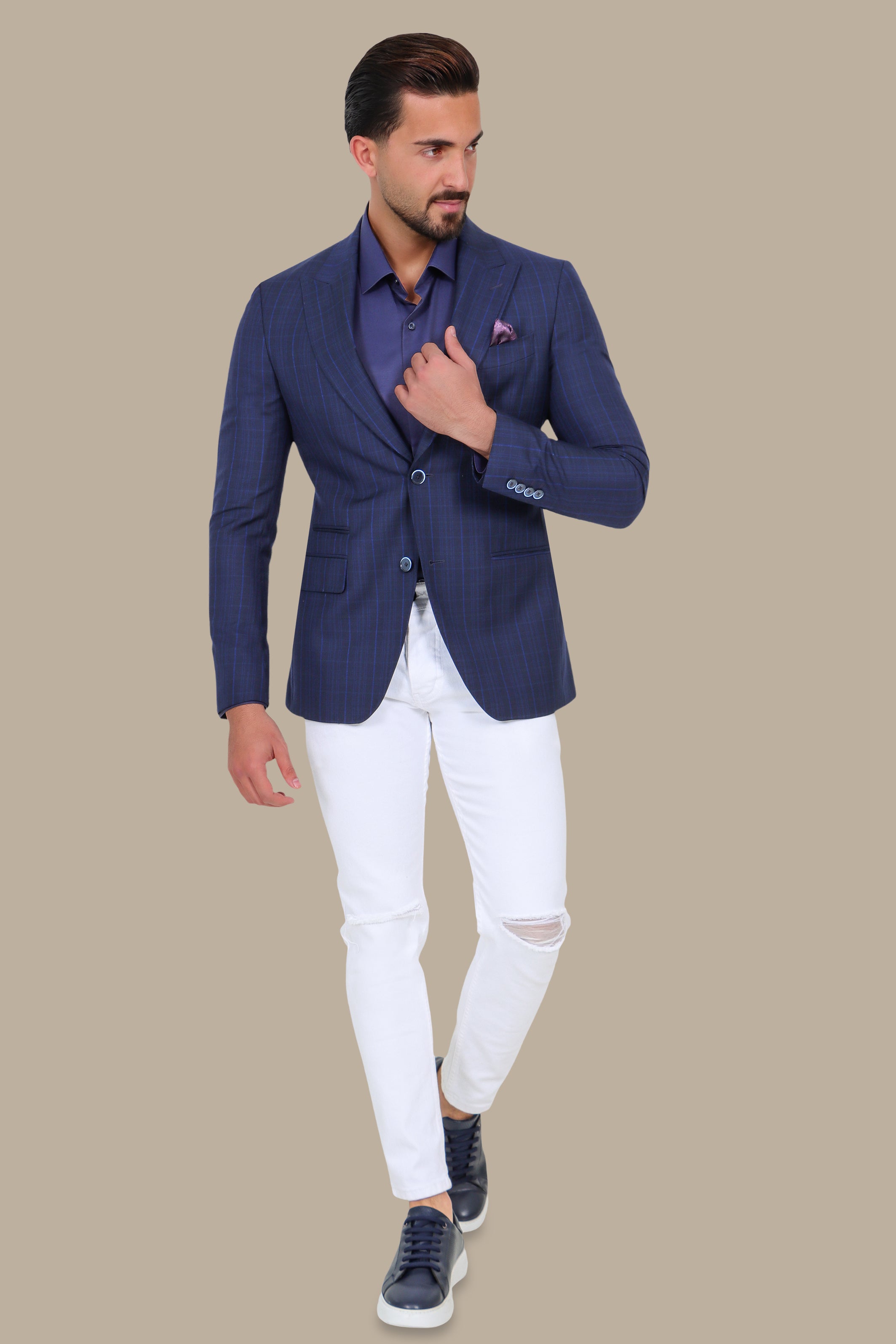 Checked Peak Blazer – Navy
