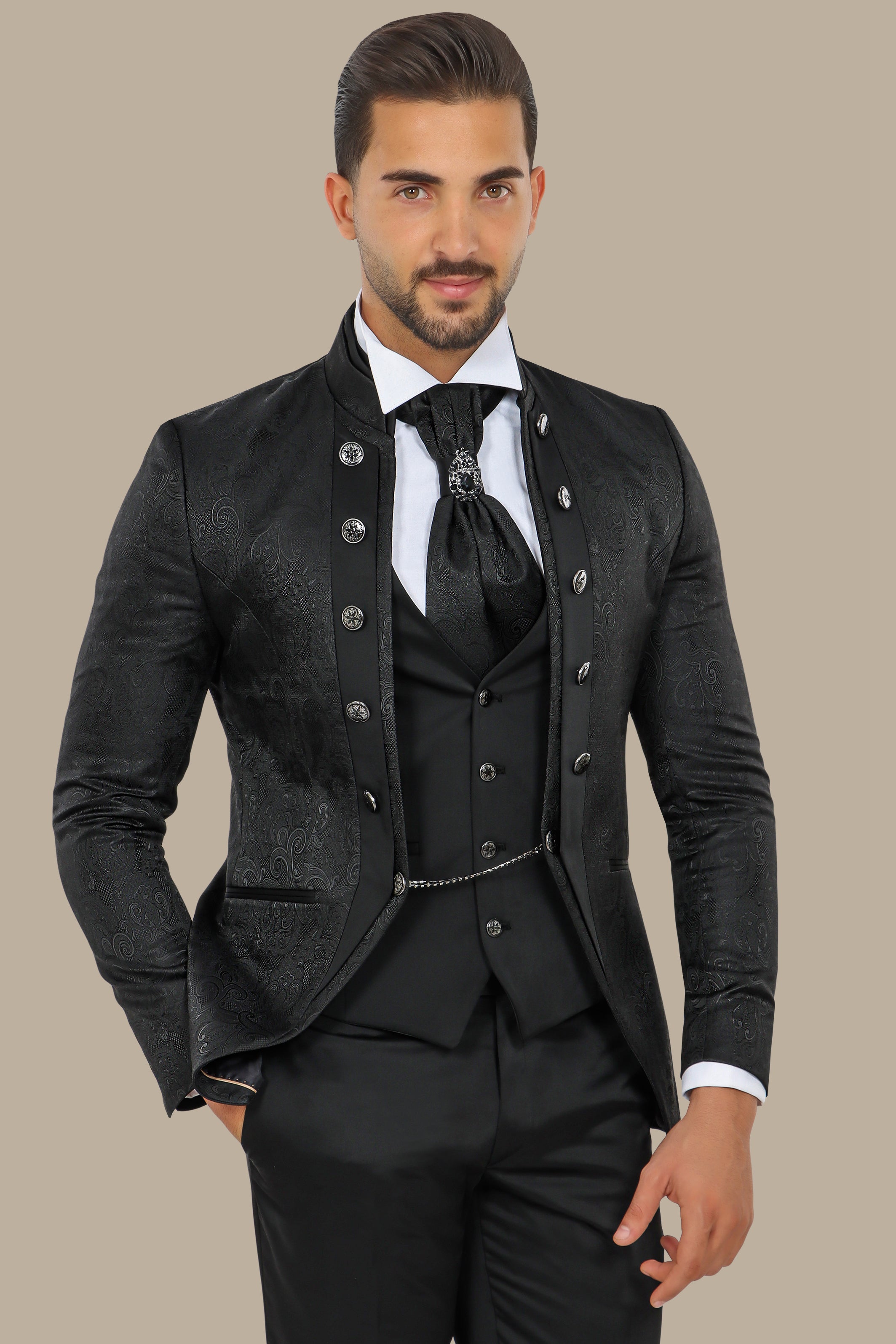 Black Cashmere Patterned 4-Piece Collar Tuxedo Ensemble