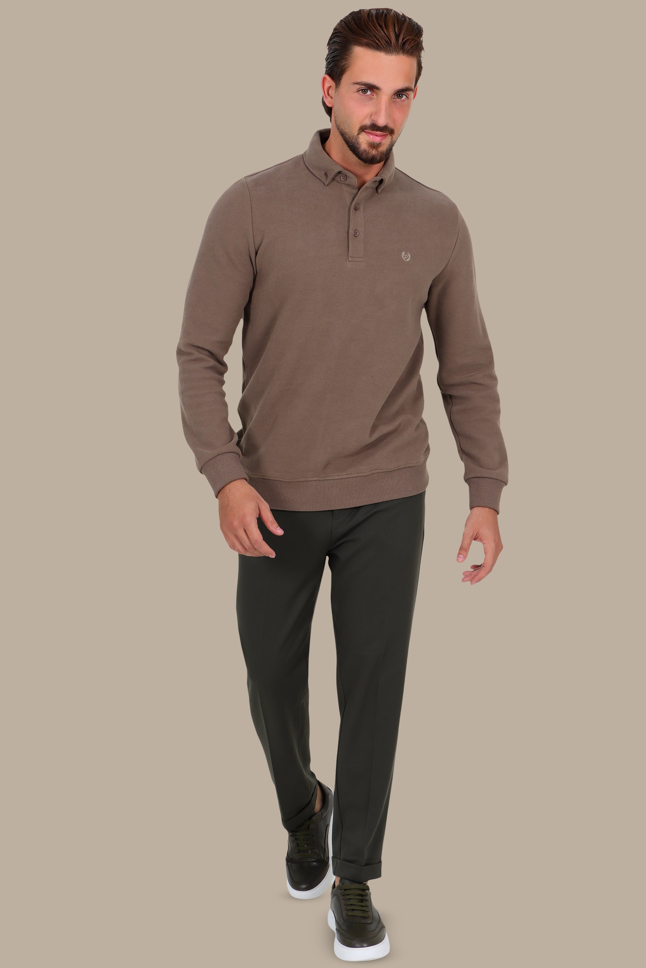 Velvet Polo with Button-Down Front in Beige