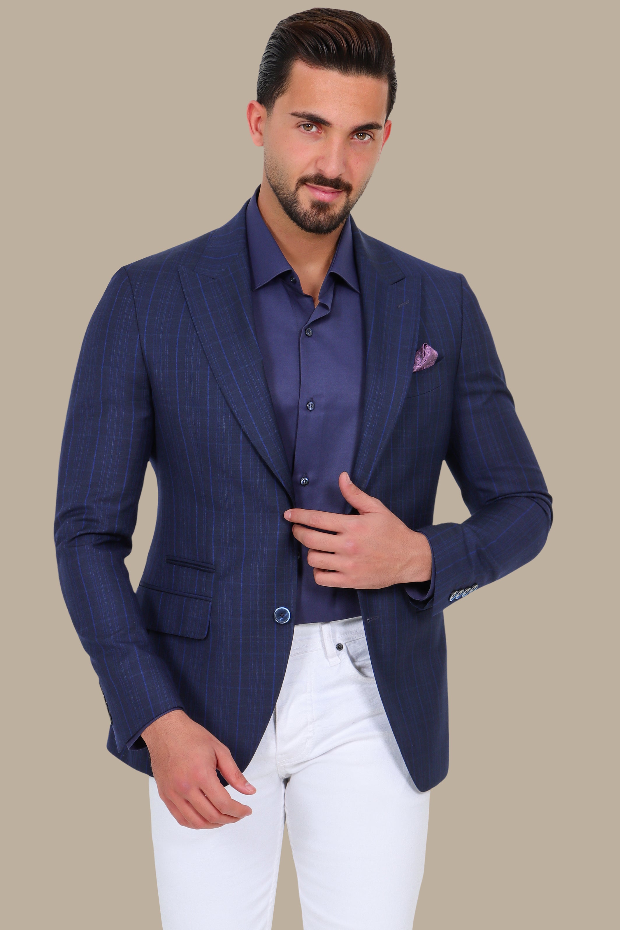 Checked Peak Blazer – Navy