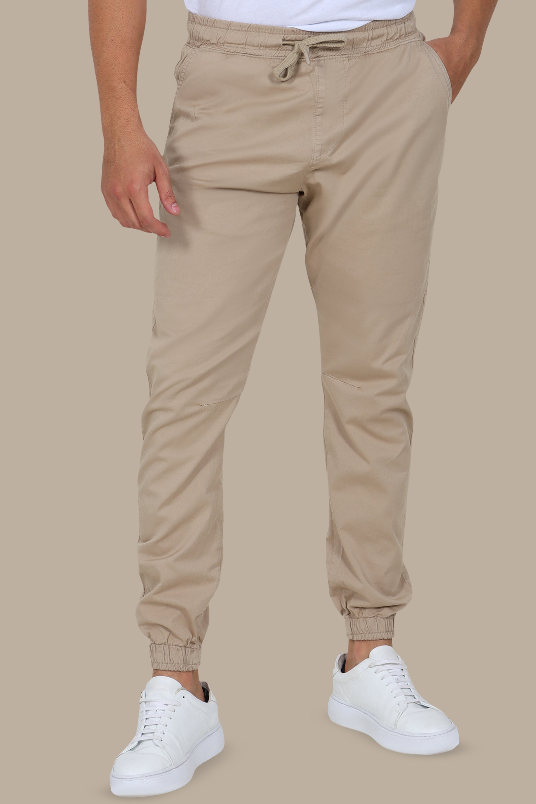 Light Beige Basic Cargo Pants with Elastic Waist