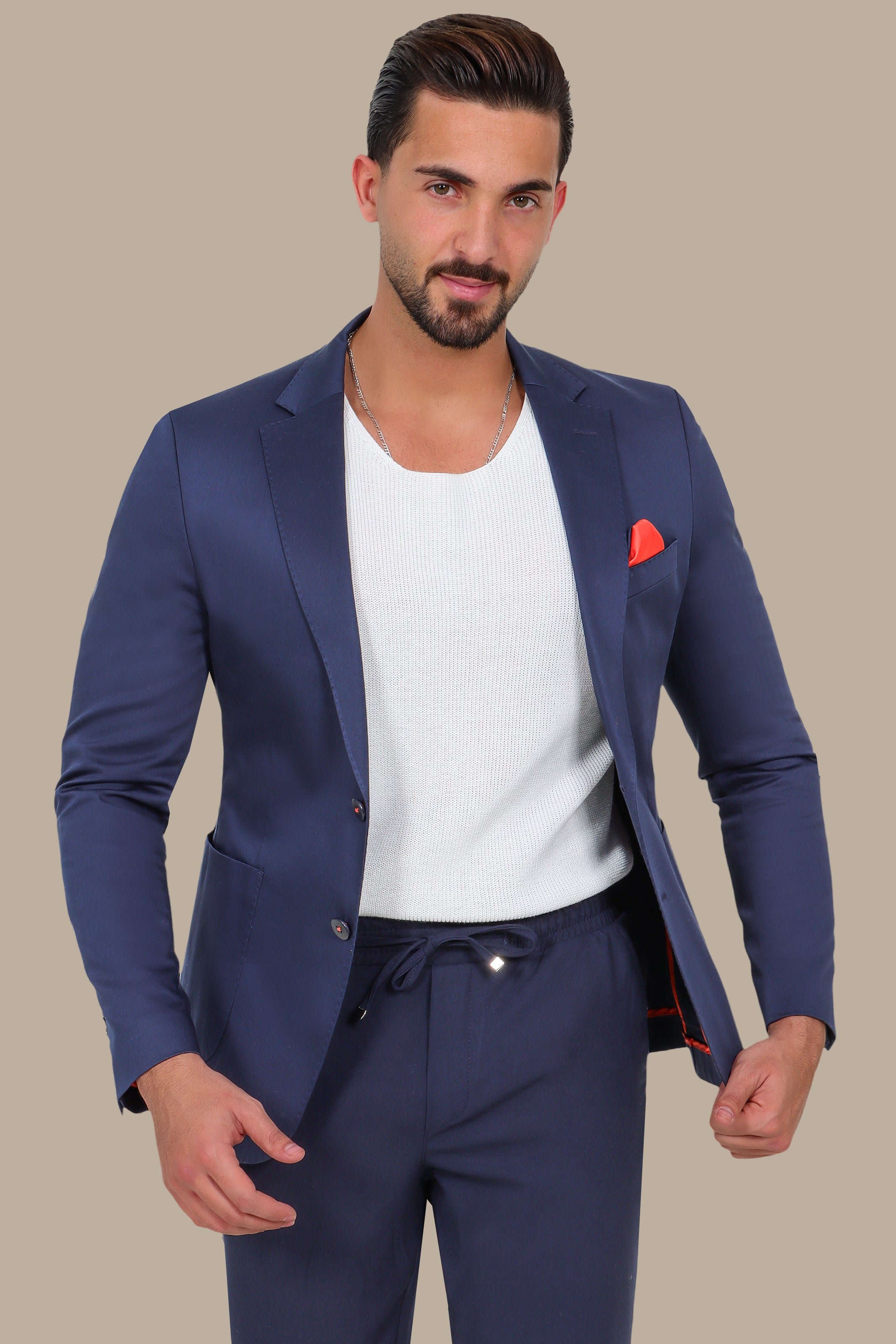 Navy Elegance: The Satin Patch Basic Blazer