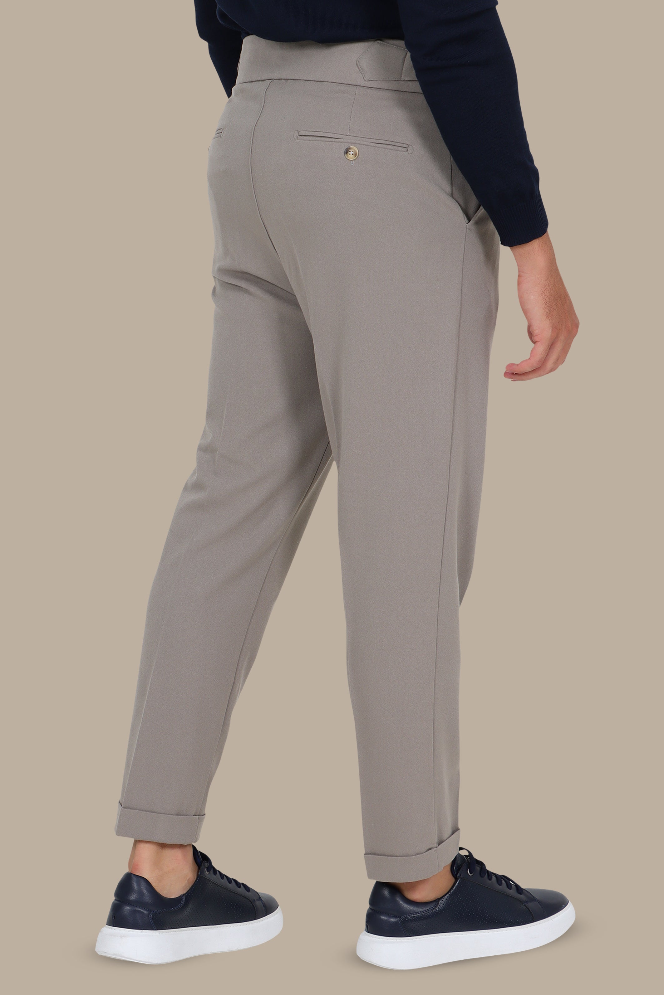 Beige Slim-Fit Pants – Wide Waist with Double Button