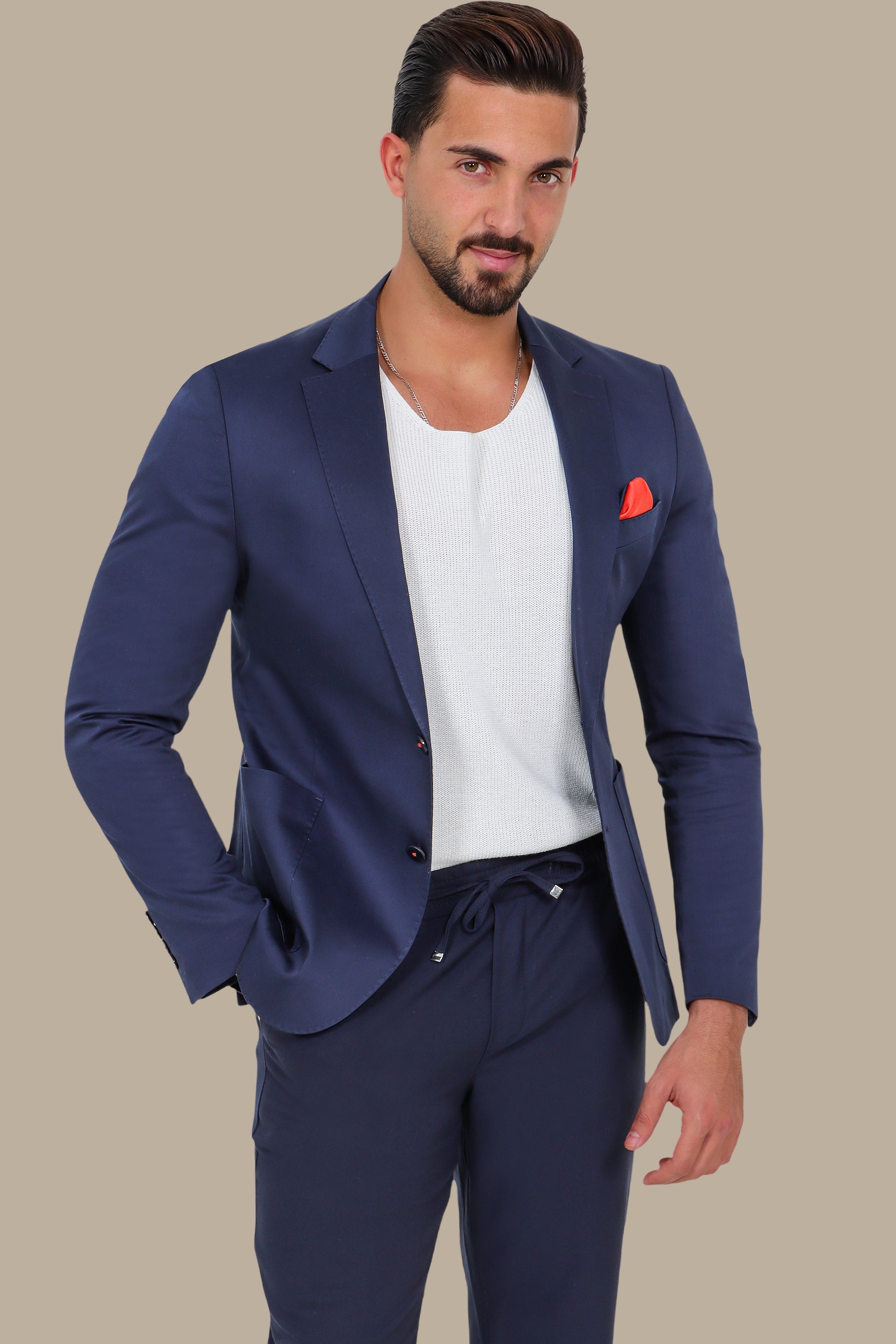 Navy Elegance: The Satin Patch Basic Blazer