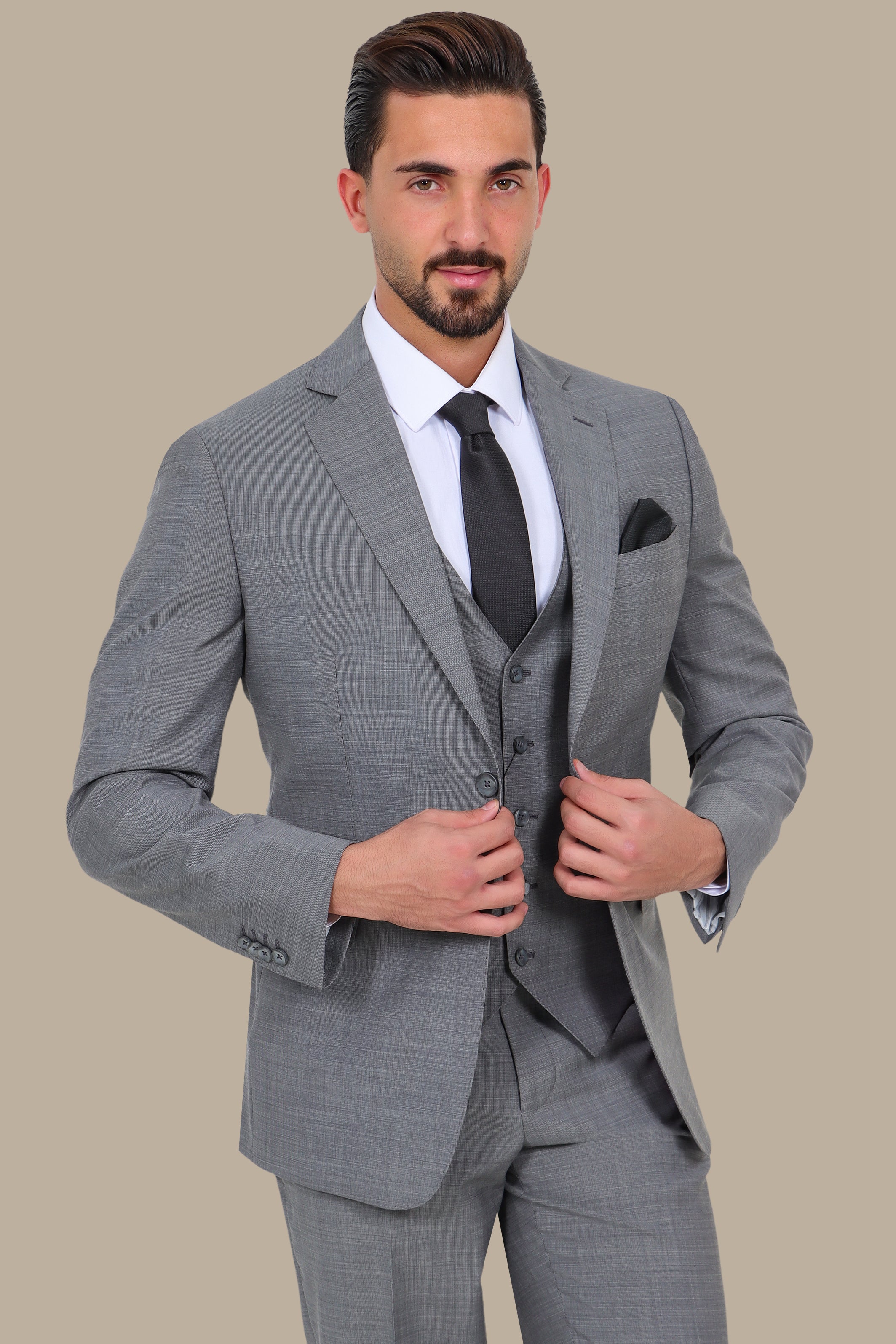 Timeless Charisma: Grey Wool Notch Filafil 3-Piece Suit