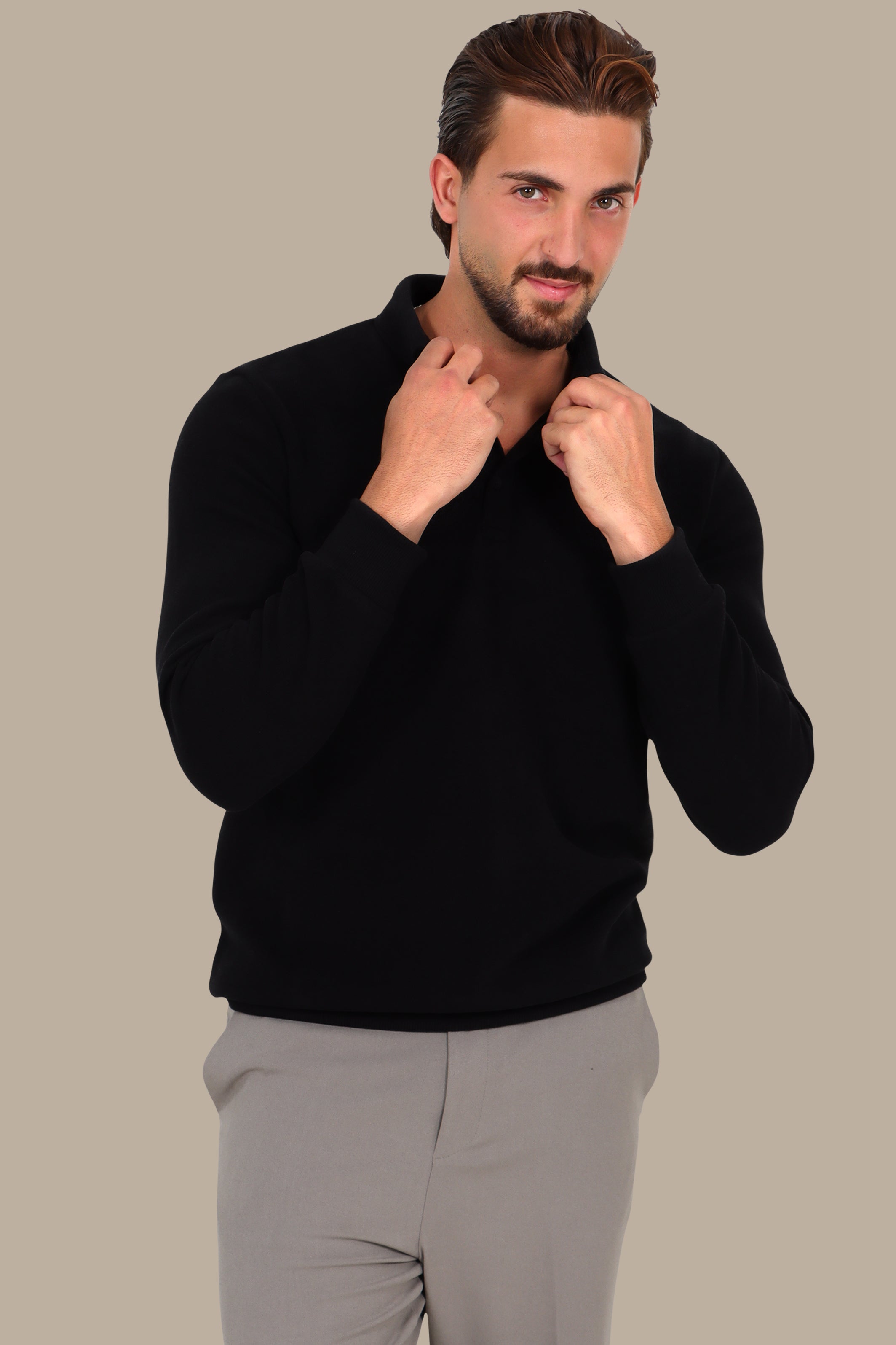 Velvet Polo with Button-Down Front in Black