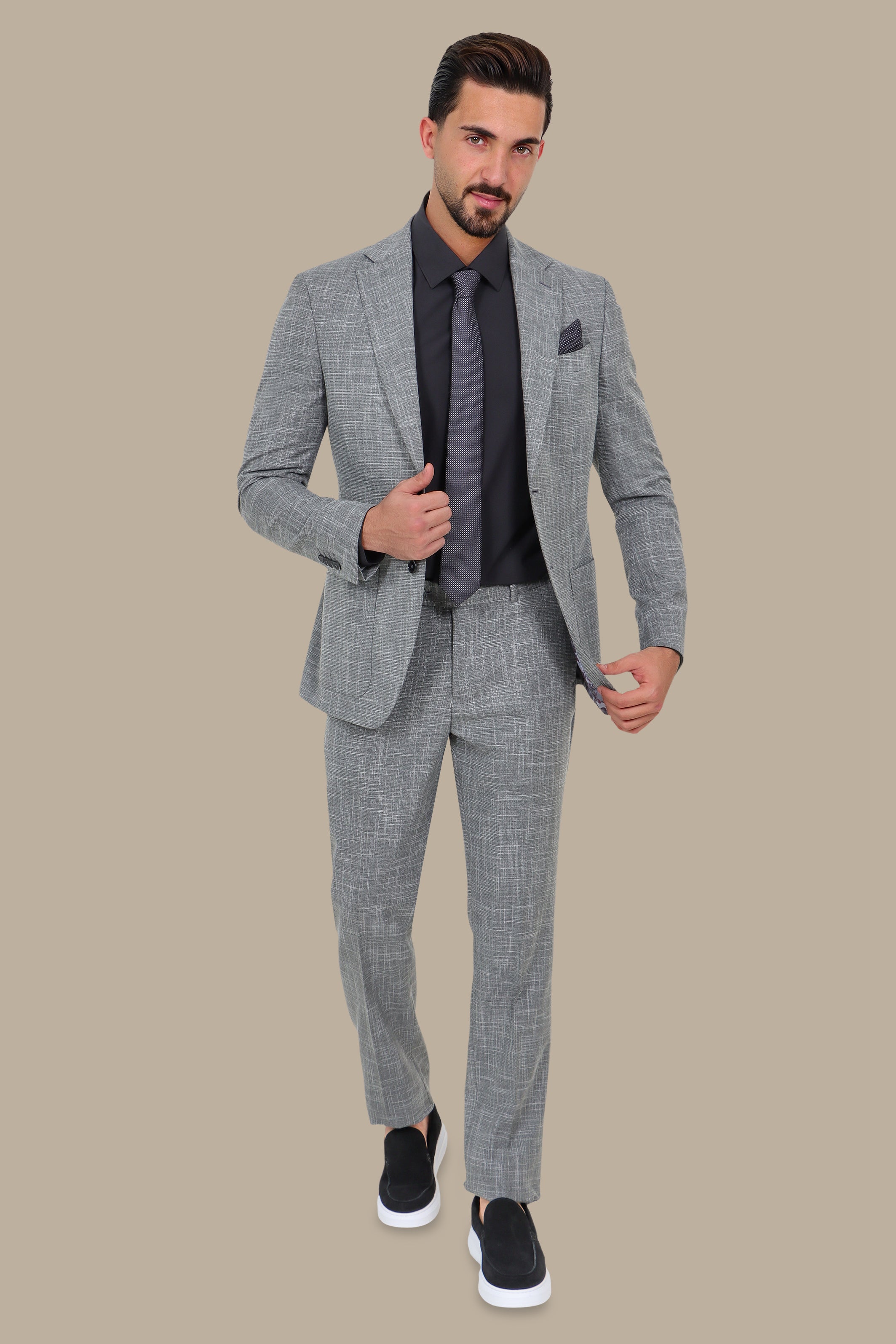 Grey Slim Fit Suit with Down Notch Patch Pockets