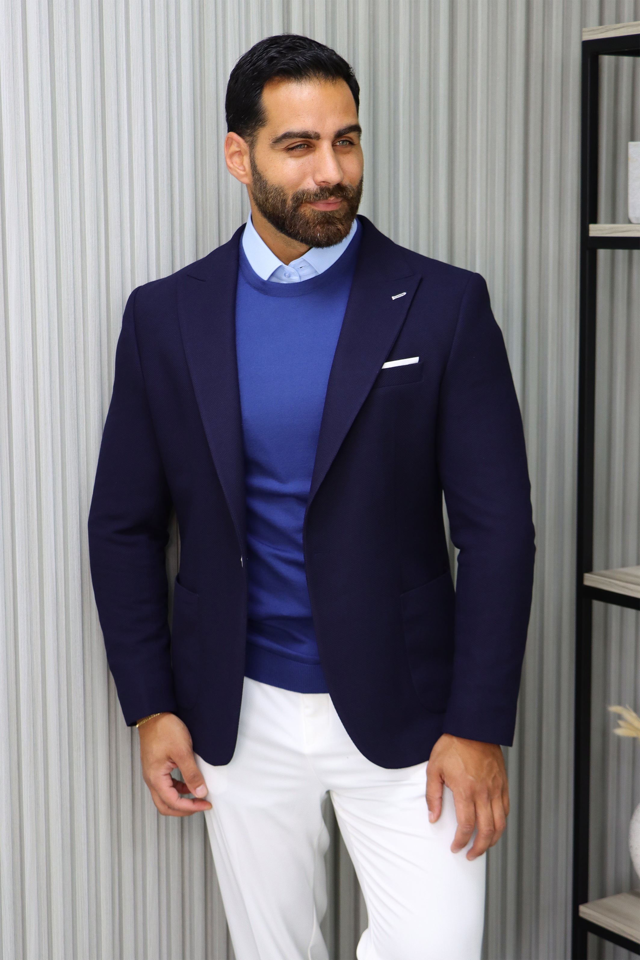 Dark Navy Piquet Blazer with Peak Lapel