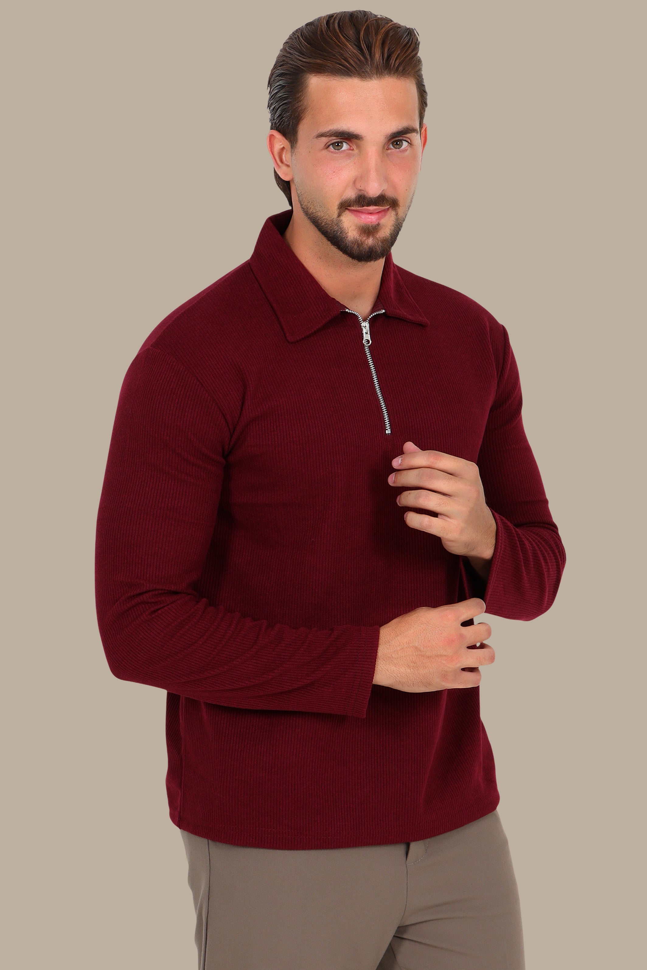 Long-Sleeve Ribbed Velvet Polo with Zipper in Burgundy