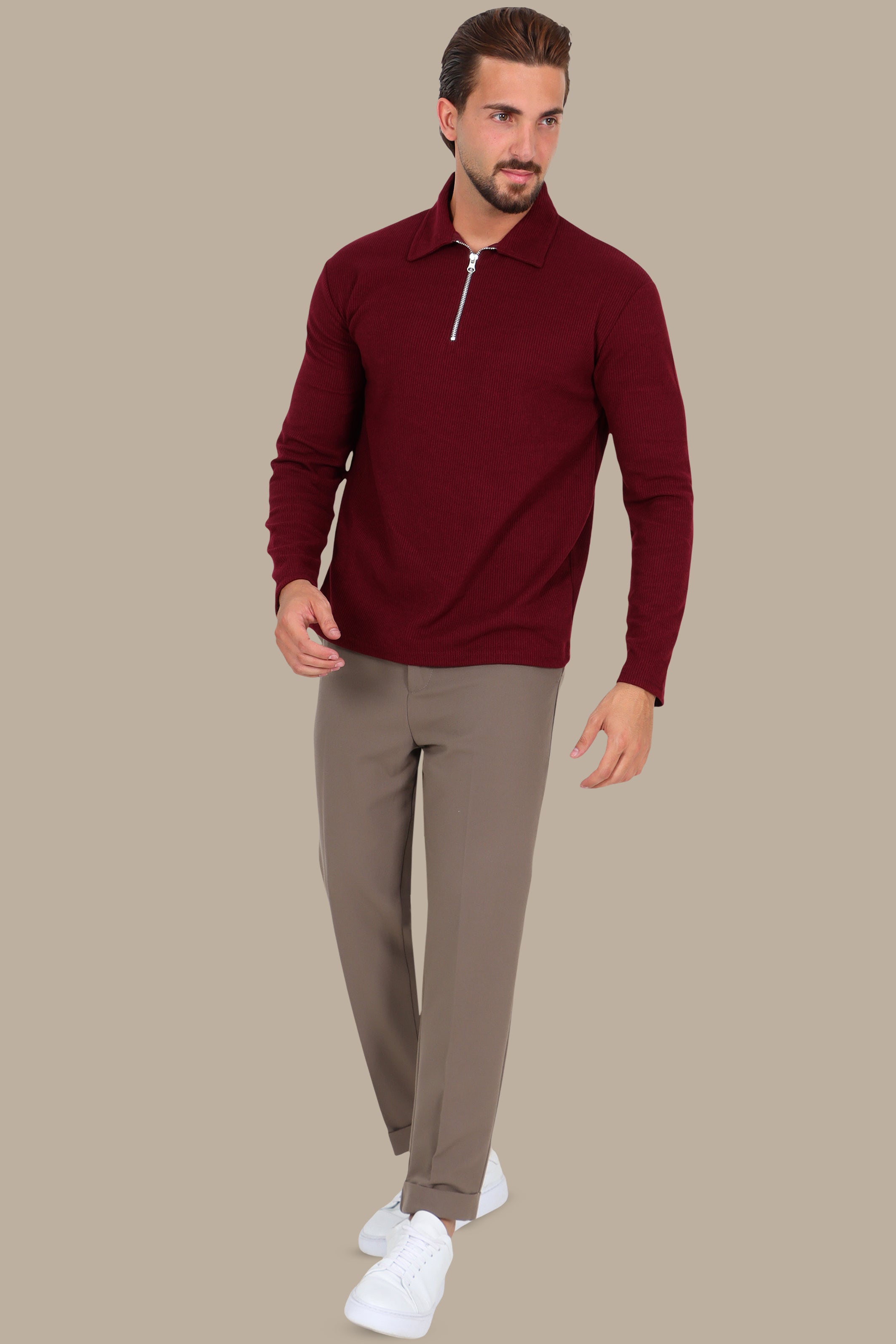 Long-Sleeve Ribbed Velvet Polo with Zipper in Burgundy