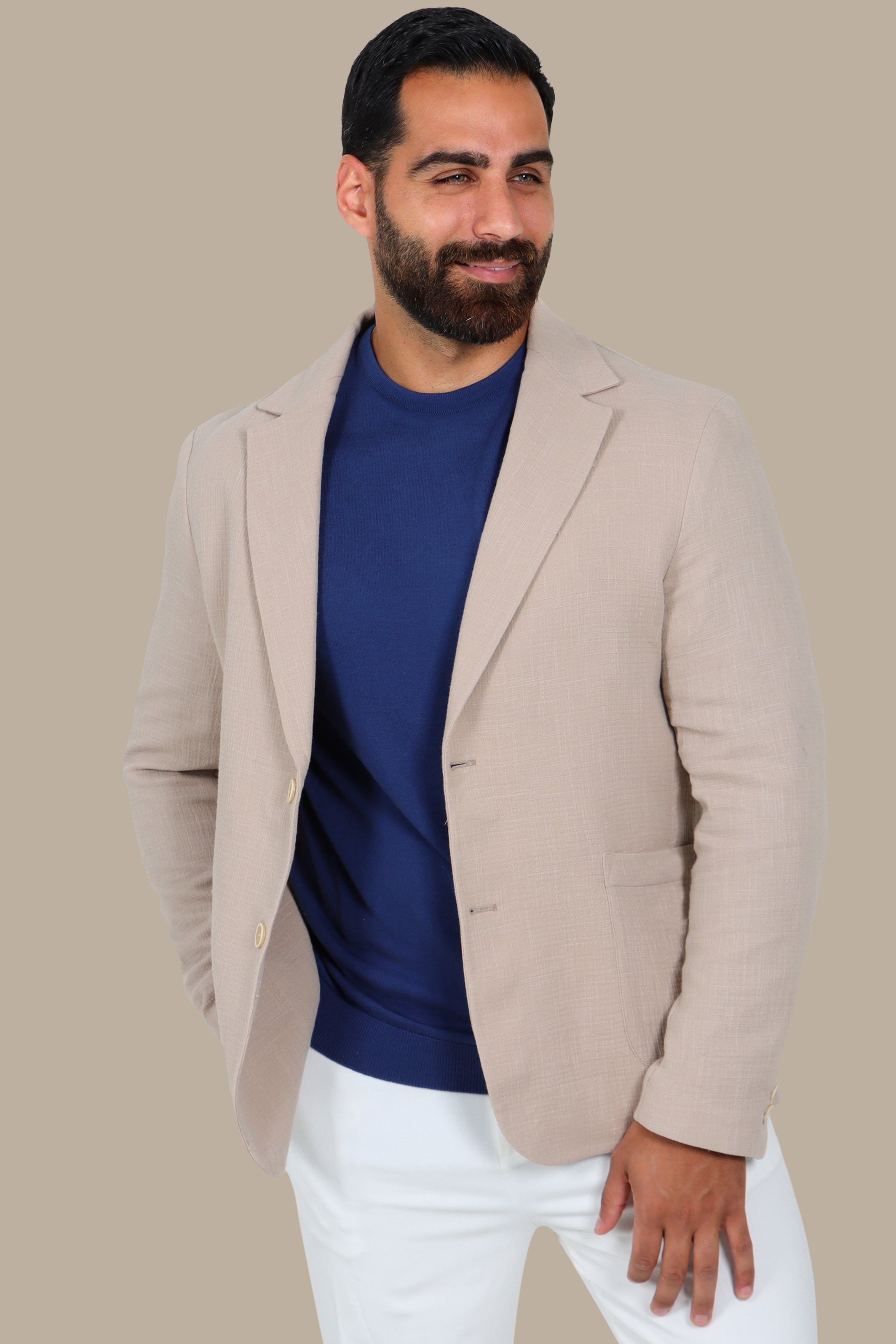 Beige Linen Blazer with Notch Lapel