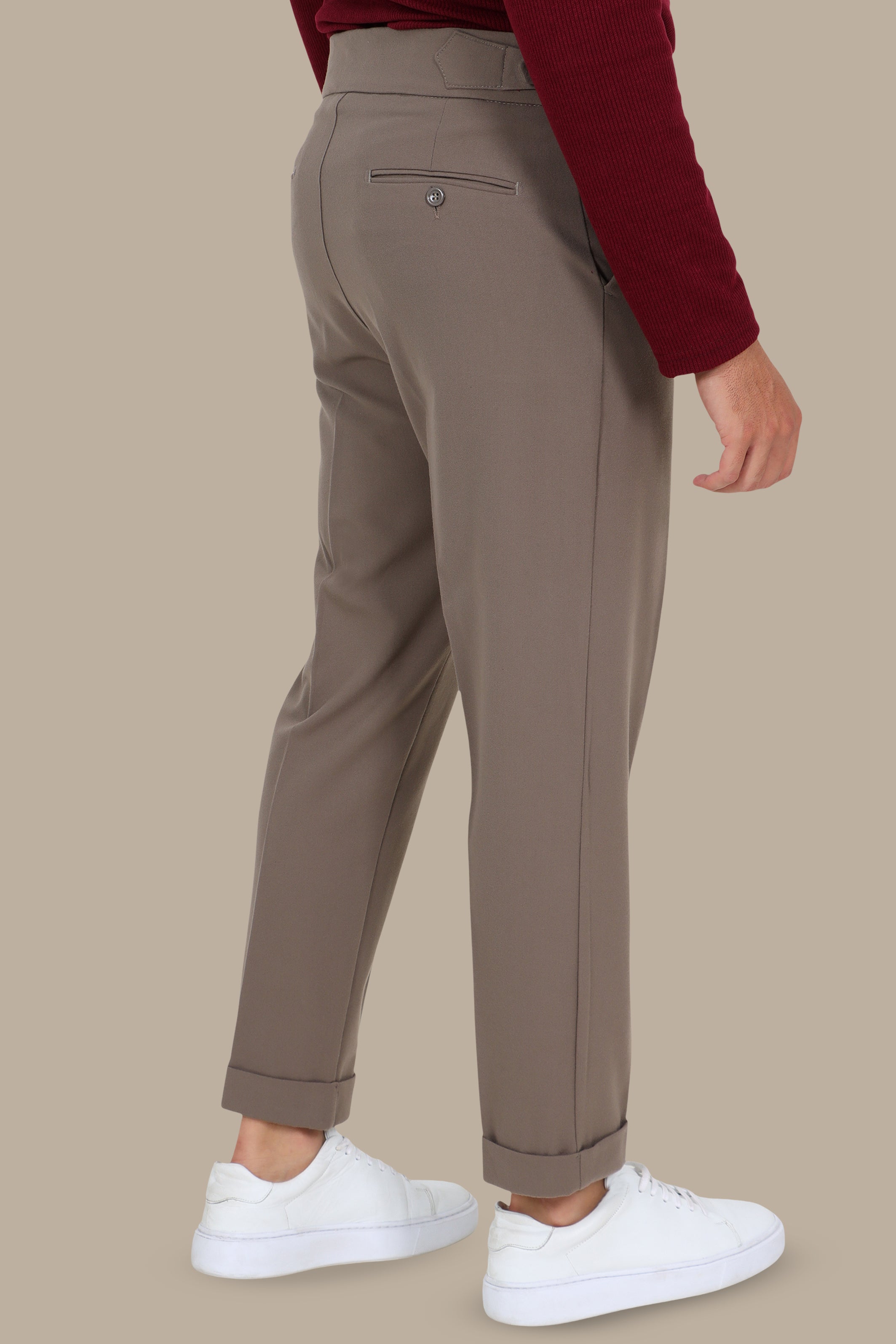 Mocha Slim-Fit Pants – Wide Waist with Double Button