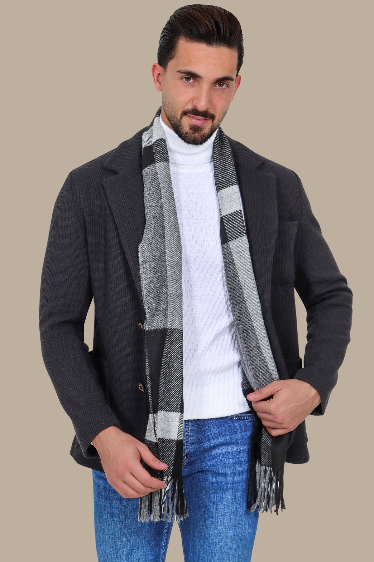 Black Cotton Mercerized Blazer with Notch Lapel