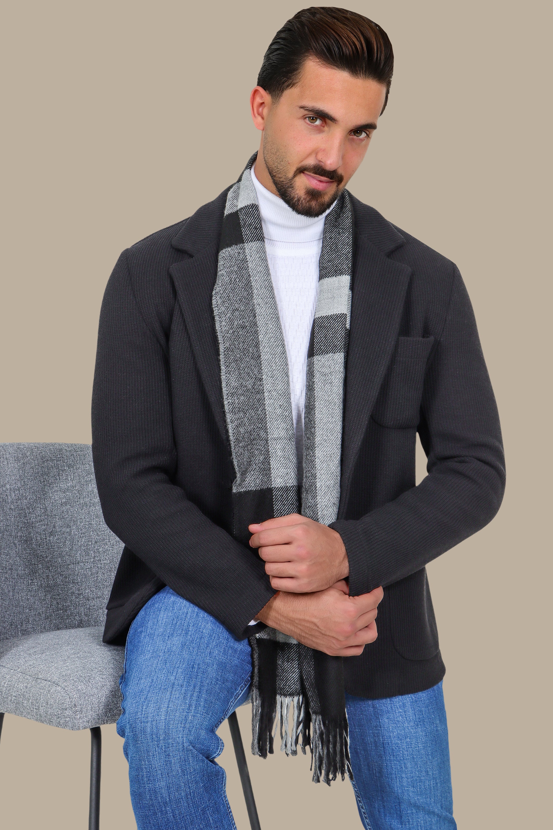 Black Cotton Mercerized Blazer with Notch Lapel