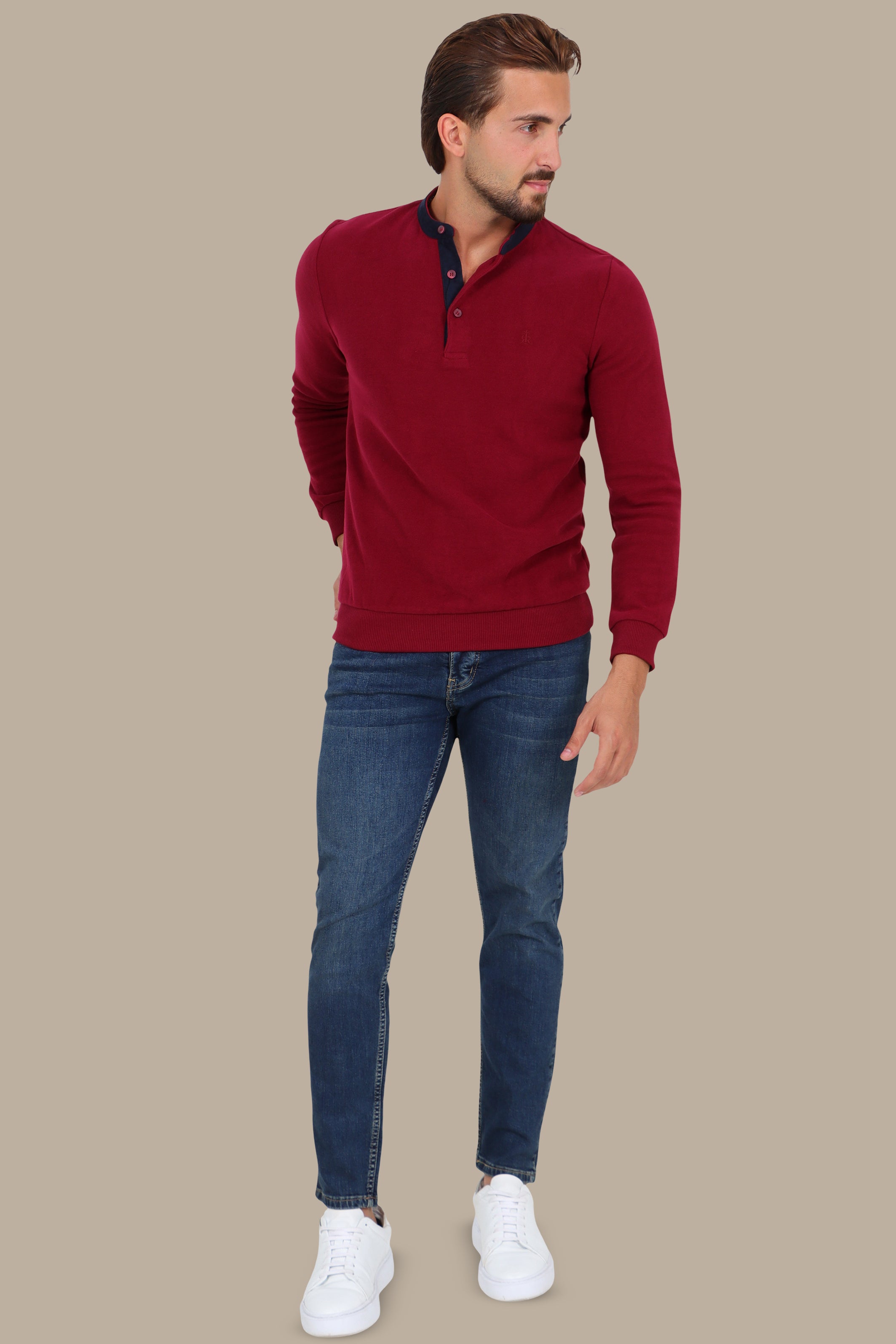 Long-Sleeve Mao Collar Velvet Polo with Brim in Burgundy