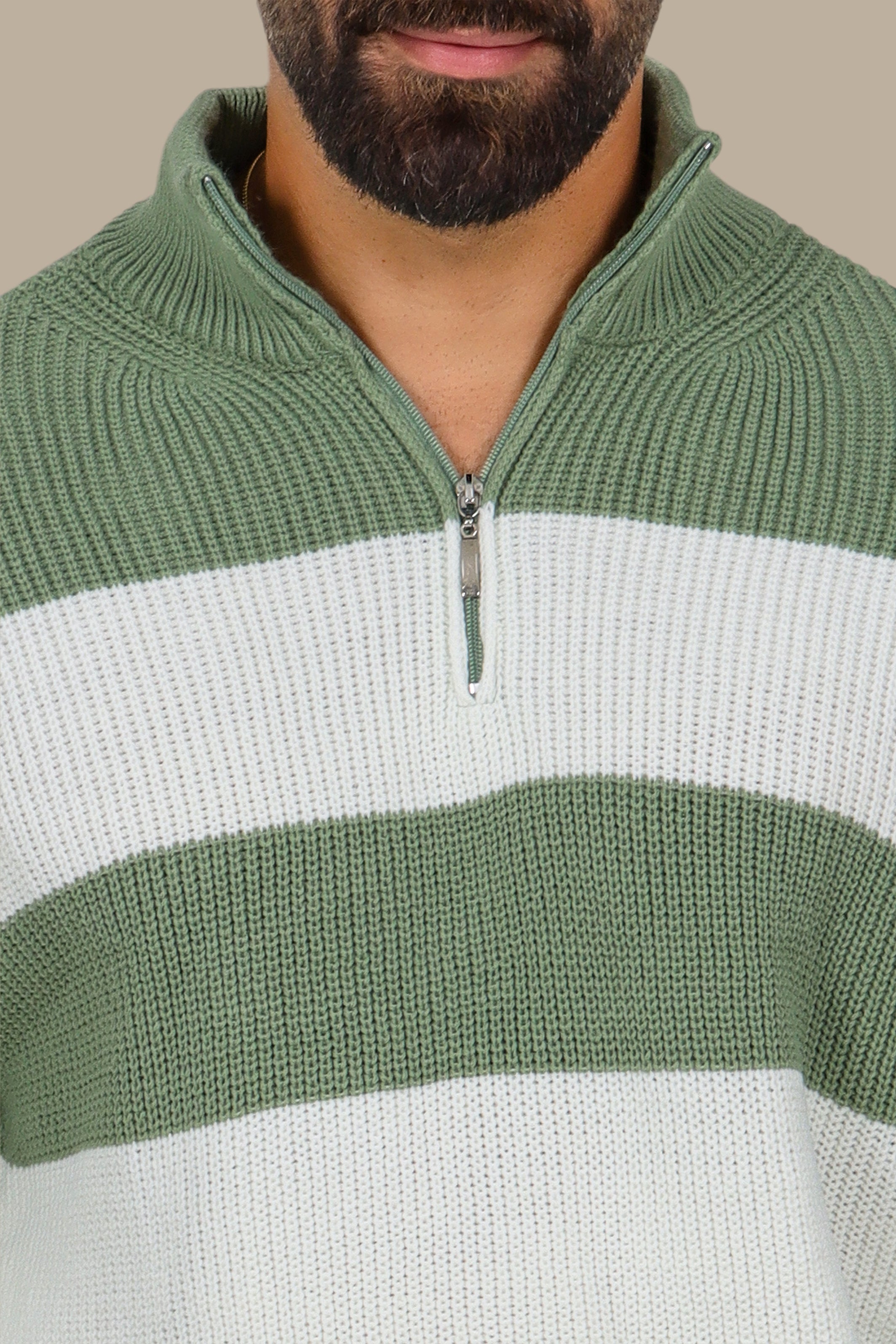 Mercerized Half-Zip Sweater with Horizontal Wide Stripes in Olive