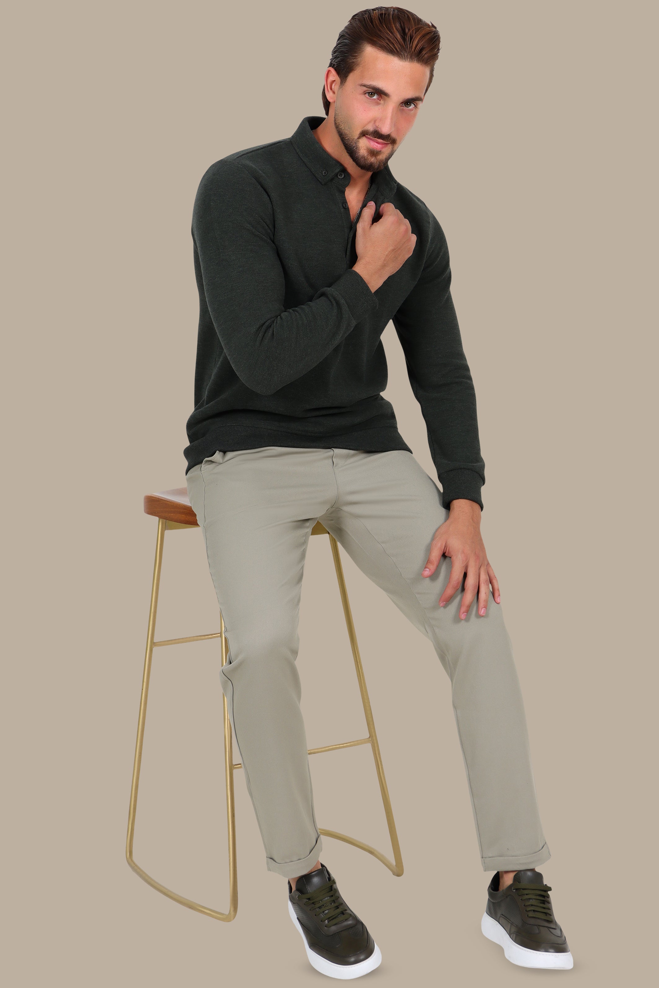 Velvet Polo with Button-Down Front in Green